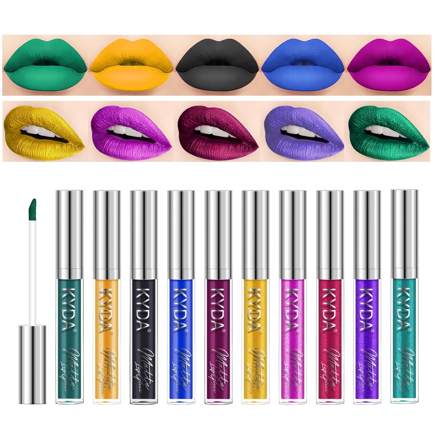 KYDA 10 Colors Lipstick Set, 5 Matte Velvet & 5 Shimmer Metallic Lips Color, Non-Stick Cup Long Wear Lip Glaze, High Pigmented Lipstick Cosmetic Gift Kit for Glossy and Full Matte Lip Gloss