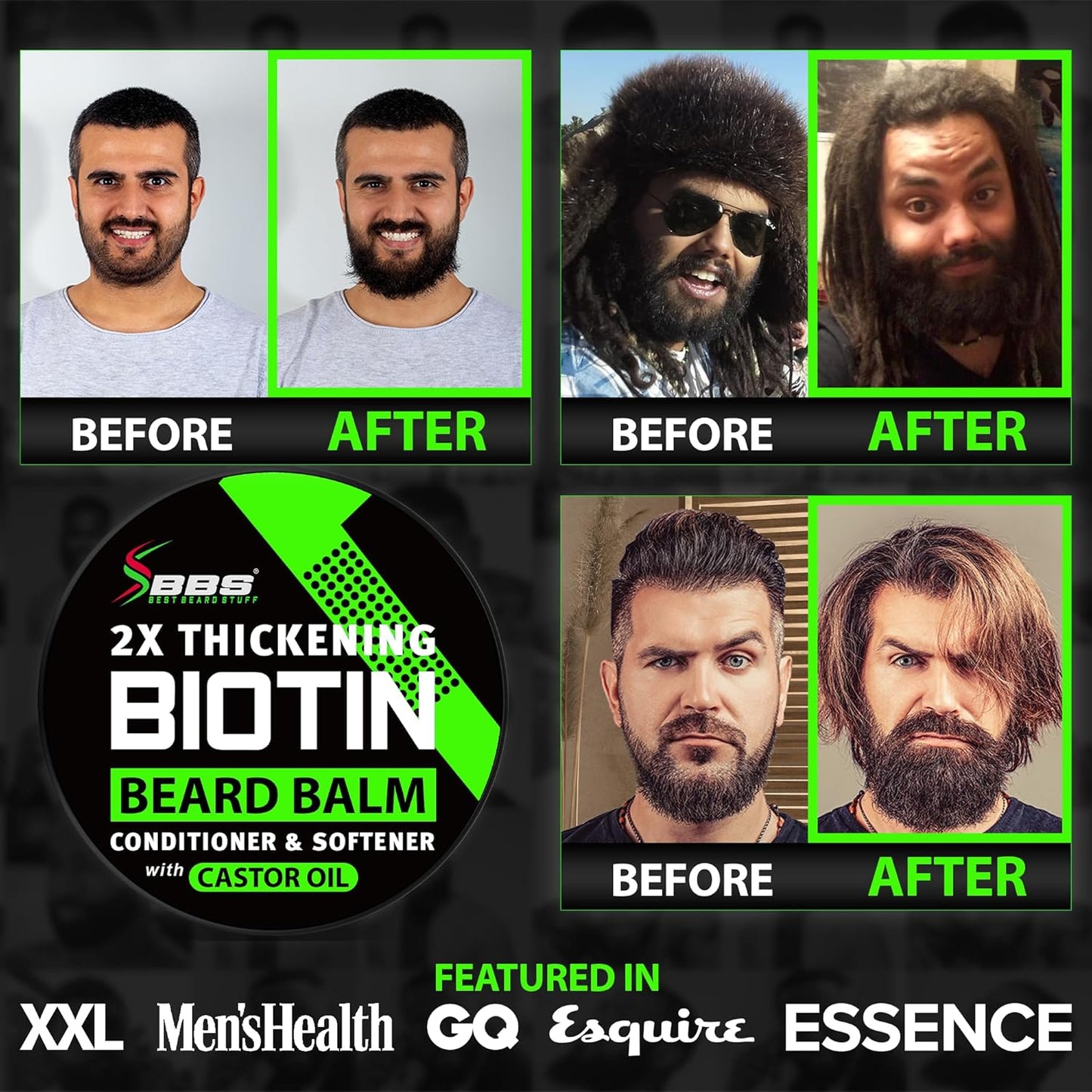 Beard Growth Kit w/ 2X Thickening Biotin Beard Balm for Men & Mustache Wax + GROW Maximum Strength Biotin 11-in-1 Hair Growth Shampoo and Conditioner for Men - Formulated in the USA