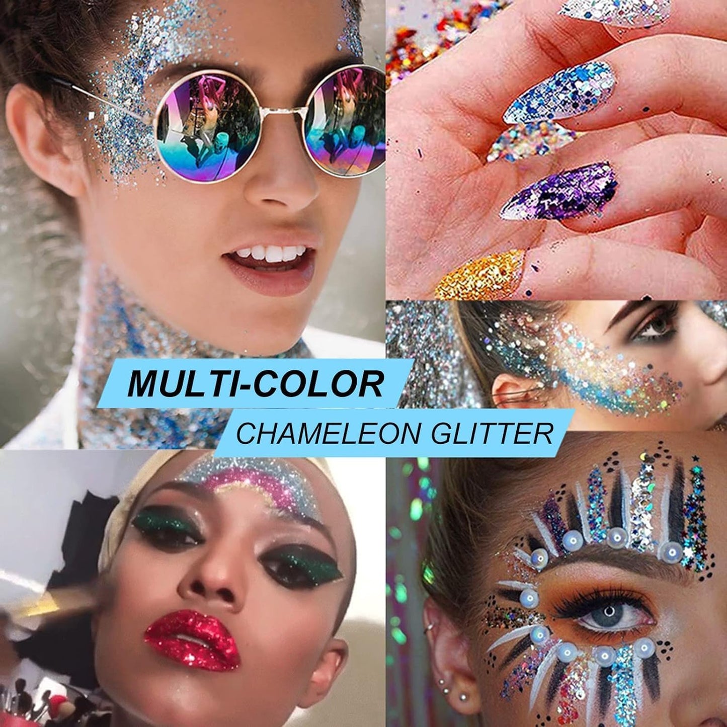 Cool Black Face Body Hair Glitter Gel for Halloween Party Festival Rave Accessories, Long Lasting Shimmer Holographic Chunky Mermaid Sequin Sparkling Paint Makeup for Women Kids, 1oz