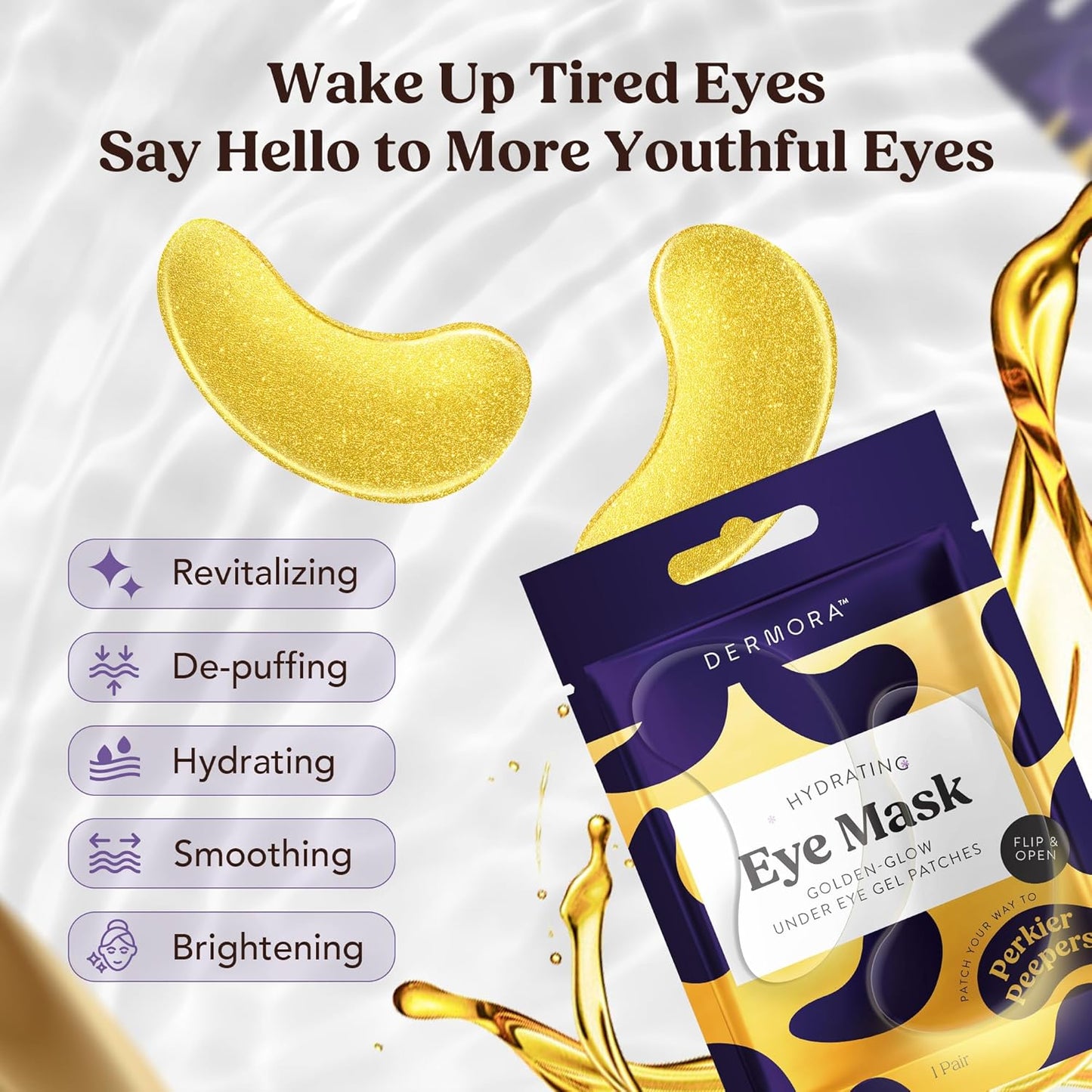DERMORA Golden Glow Under Eye Patches (100 Pairs Eye Gels) | Rejuvenating Treatment | Dark Circles, Puffy Eyes, Refreshing, Revitalizing, Travel, Wrinkles