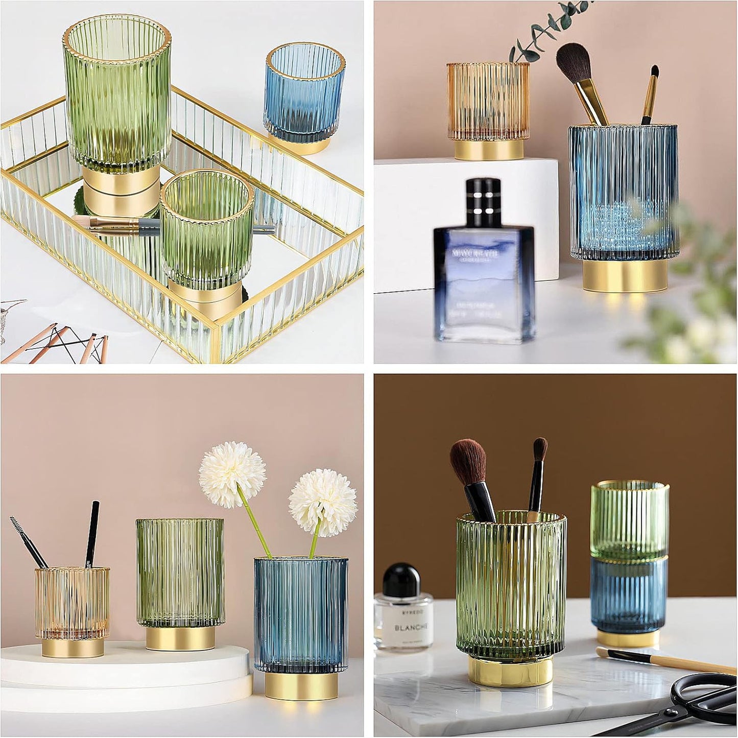 DASITON Makeup Brush holder Organizer,Crystal Cosmetic Makeup Brush Glass Brushes Storage Holder, Vintage Make Up Brush Cup Pen Pencil Holder striped vase(Blue L)