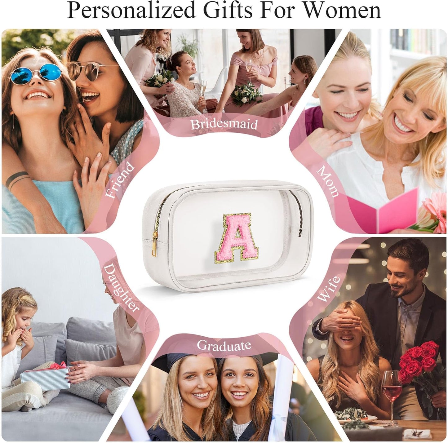 YOOLIFE Initial Make Up Bag Travel Toiletry Bag, Clear Makeup Bag Preppy Cosmetic Bags Organizer Travel Essentials Gifts for Women Teen Girlfriend Teacher Mom Birthday Mothers Day Gifts White E