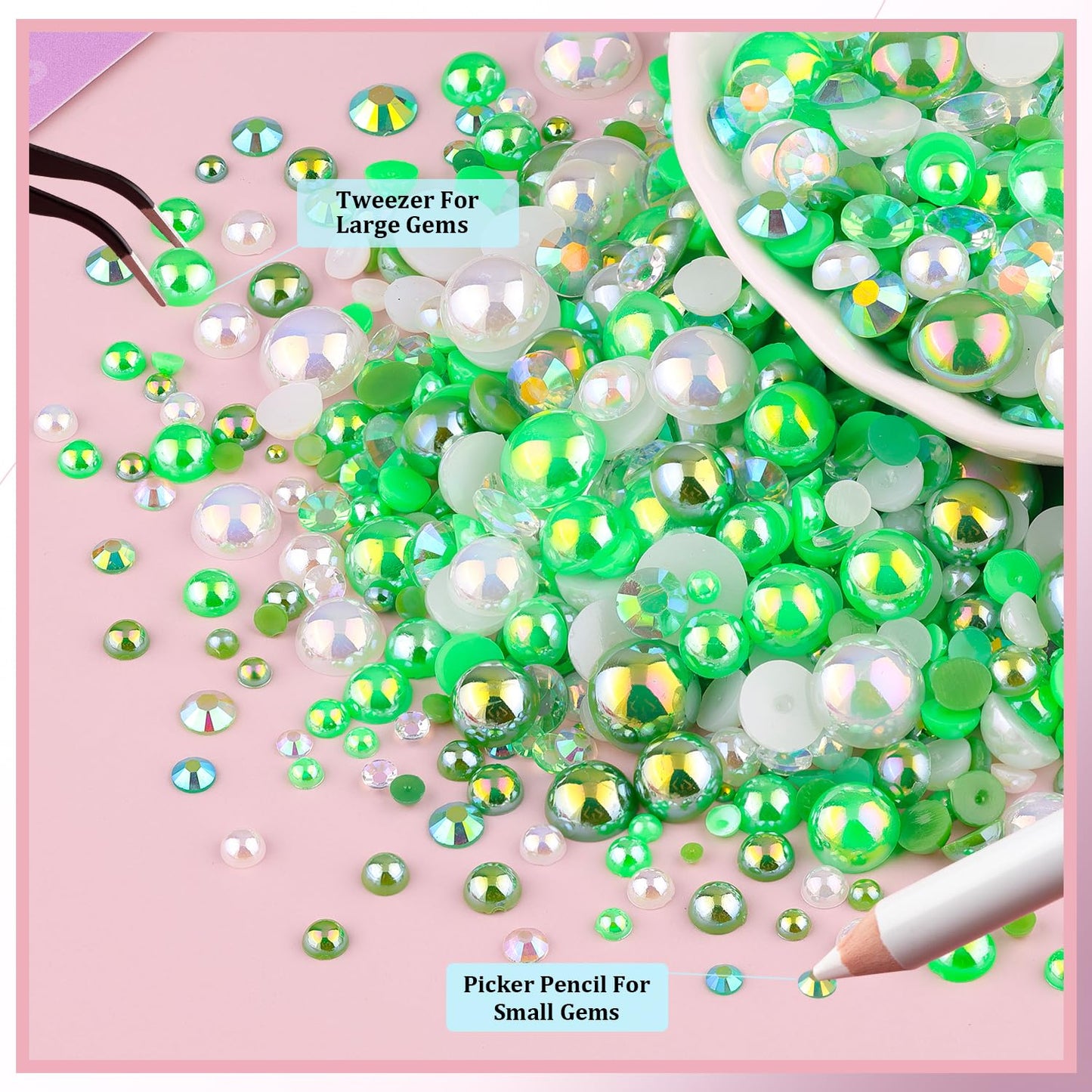 9000Pcs Flatback Pearls and Rhinestones for Crafting, Green White Mixed Size 3-8mm Resin Rhinestones and Half Pearls for Bedazzling, Nail Art with Tweezers and Pickup Pencil