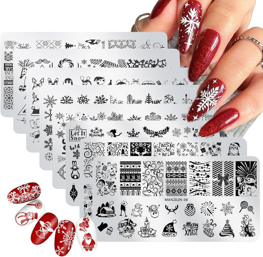Christmas Nail Stamping Plates - Winter Stamp Kit with Snowflake, Santa Claus, Christmas Tree, Elk & Candy Bells Designs - DIY Stainless Steel Nail Image Polish Template Kit (8Pcs)