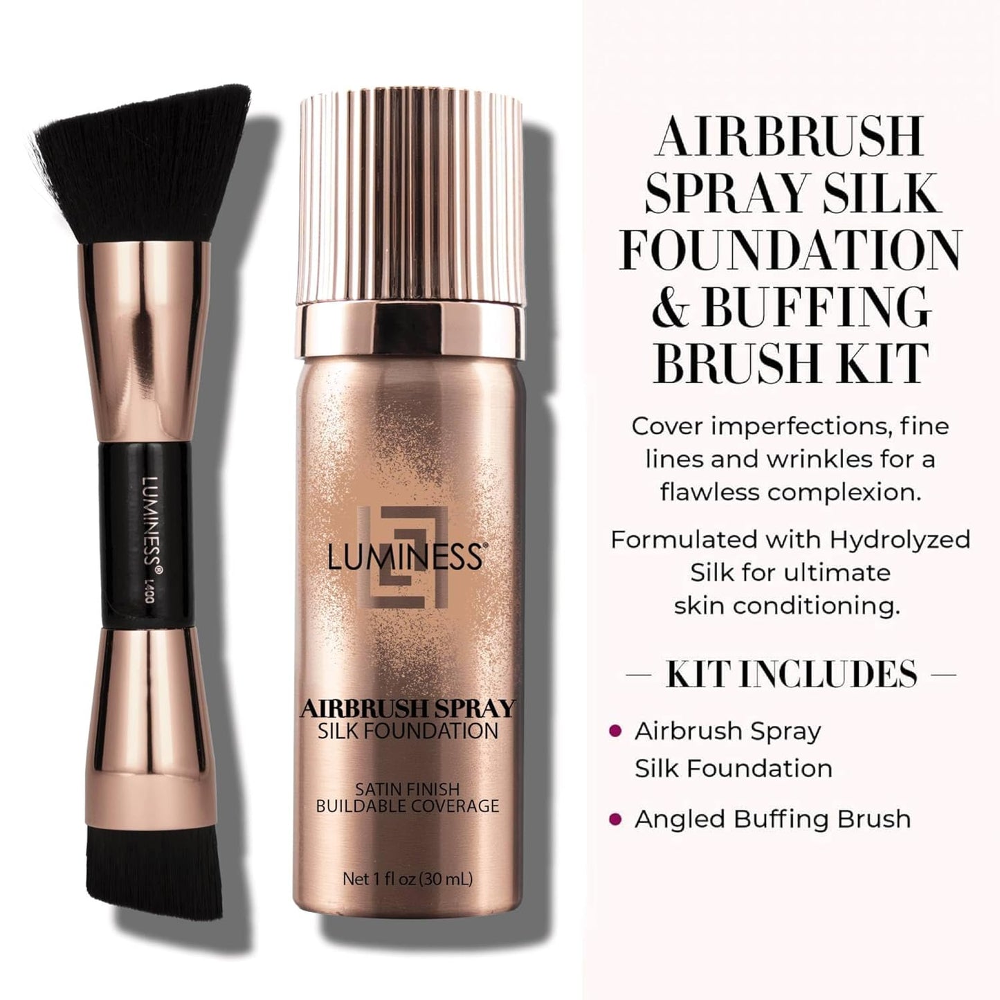 LUMINESS Silk Airbrush Spray Foundation 2-PC Kit - Foundation & Dual-Sided Angled Makeup Brush - Buildable Coverage, Anti-Aging Formula, Humidity Resistant, Hydrates & Moisturizes, Light Warm