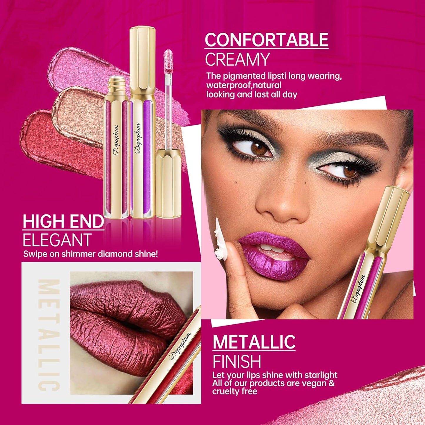 Nude Lipsticks for Women Metallic Lipstick Long Lasting Non Stick Cup Lip Gloss, Metal Shine Lightweight Hydrating Full Coverage Lip Color, DP101 Halo