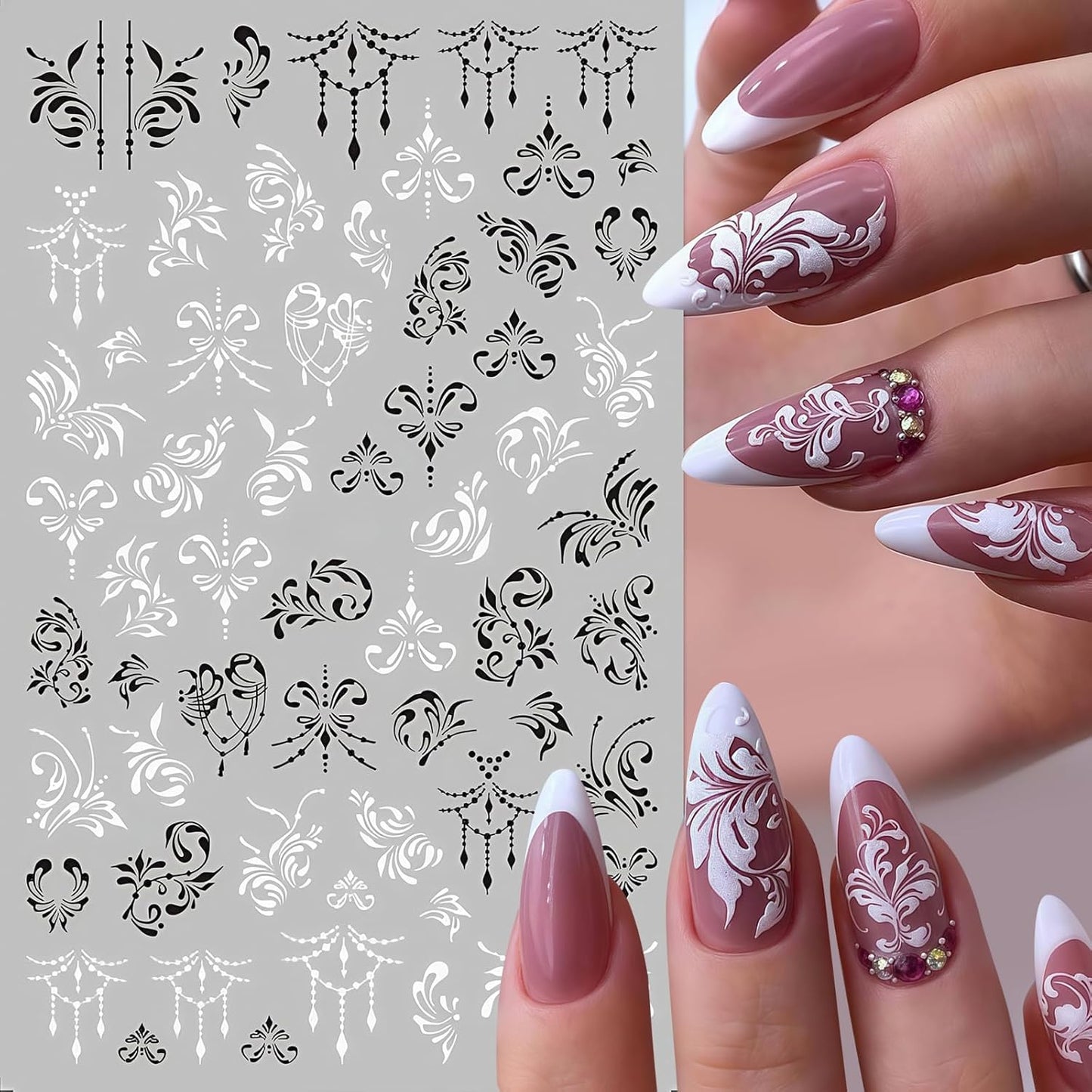 10 Sheets Black White Leaves Flowers Nail Stickers Decals 3D Self- Adhesive Retro Flower Vintage Vine Rose Flower Butterflies Nail Design Classic Fashion Simple Nails Supplies for Acrylic Nail DIY