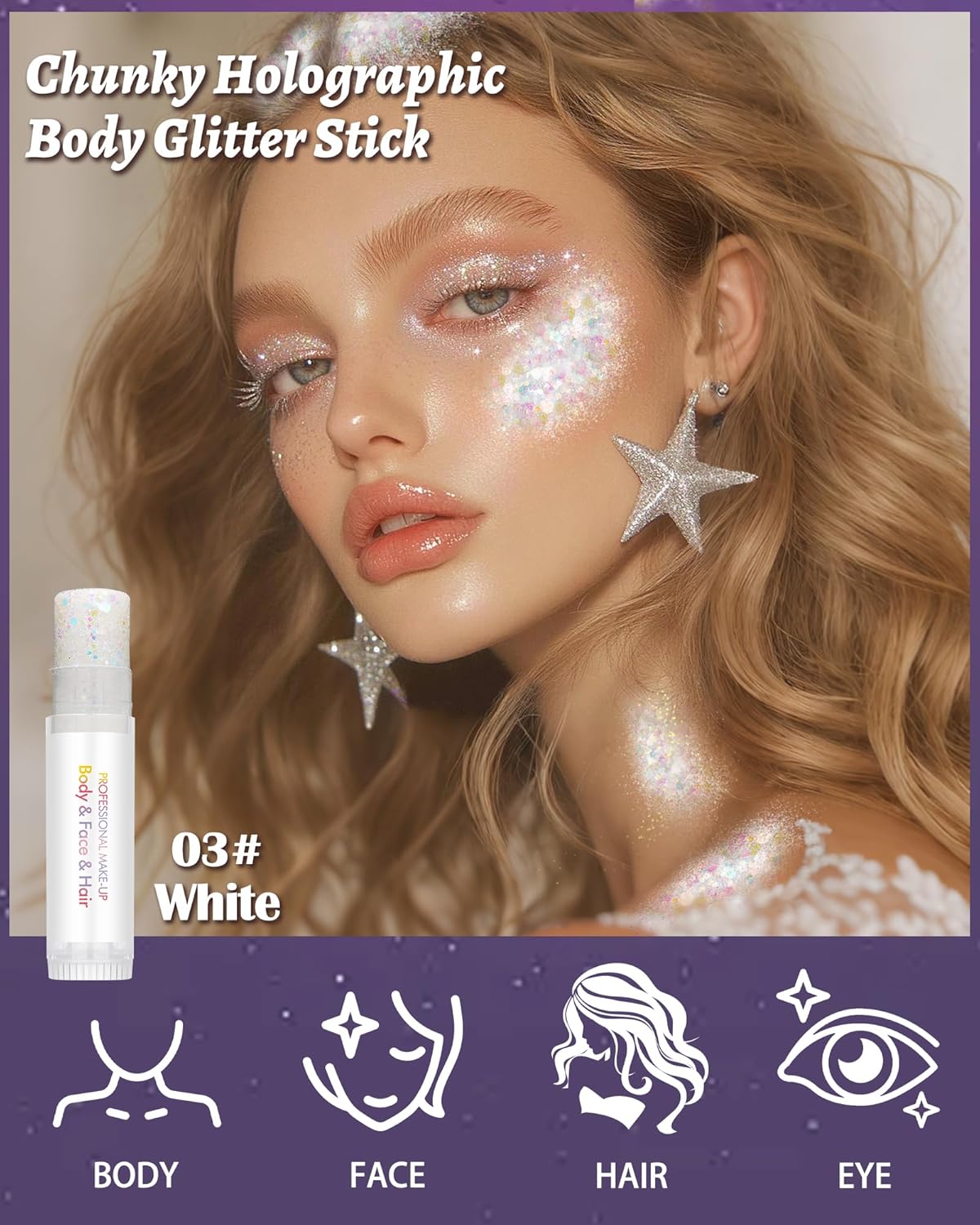 Body Glitter Stick, Waterproof Long Lasting Sparkling Face Shimmer Makeup, Singer Concerts Disco Music Halloween Festival Rave Accessories, Holographic Chunky Sequins Hair Stick,Gift for Women girl-03