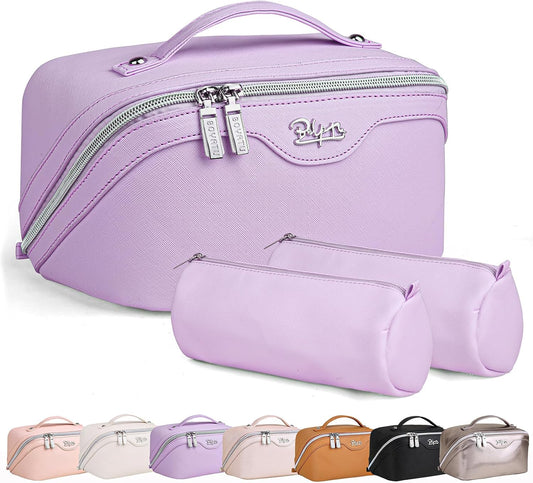 BOYATU Travel Makeup Bags for Women: Vegan Leather Cosmetic Bag Set of 3 - Large Capacity Make up Bag with Divider - Wide Open Waterproof Toiletry Organizer Bag with Handle (05-Purple)