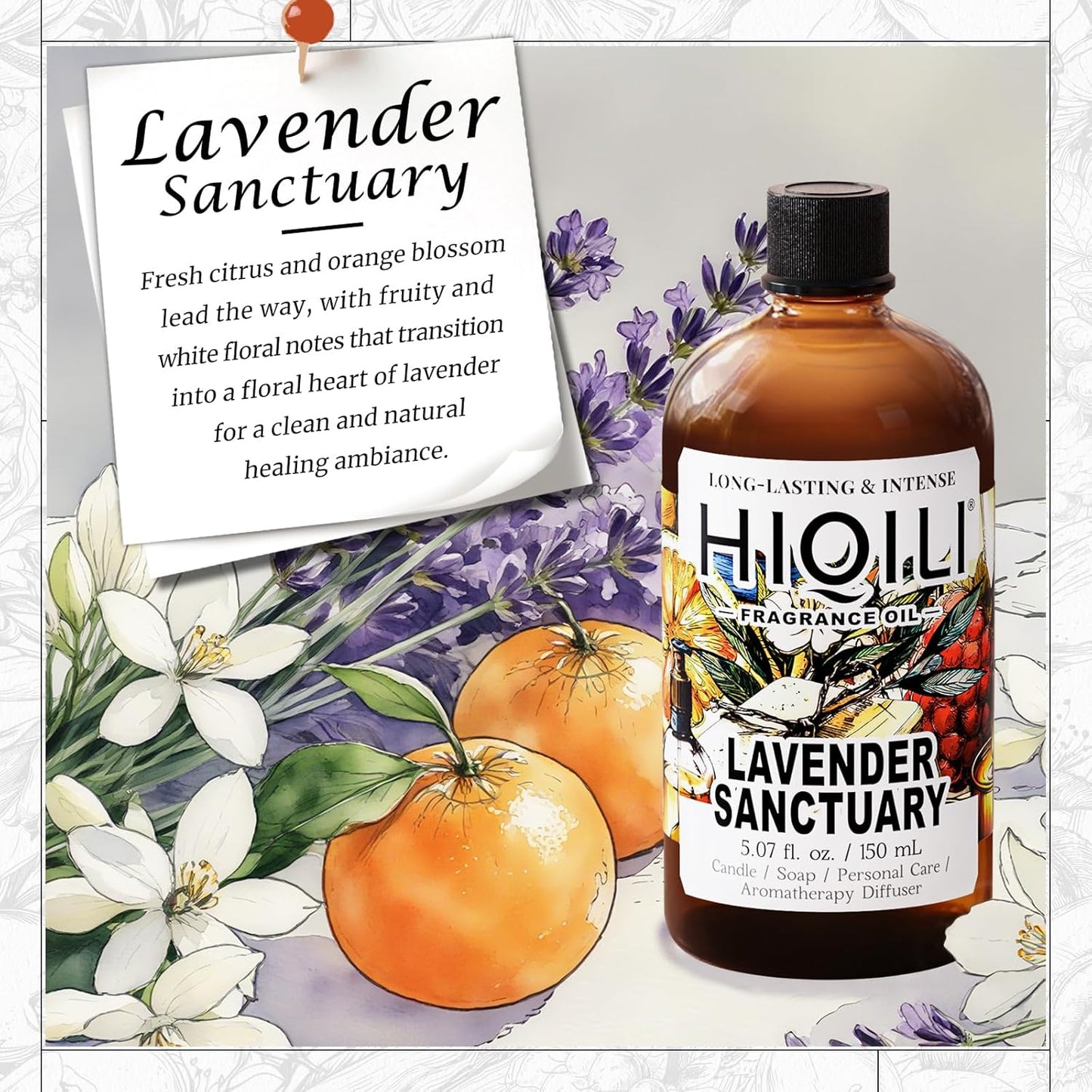 HIQILI Lavender Sanctuary Fragrance Oil for Diffuser, Candle & Soap & Perfume Making, for Hotel and Home, Essential Oil, Long-Lasting Aroma - 5.07 fl oz