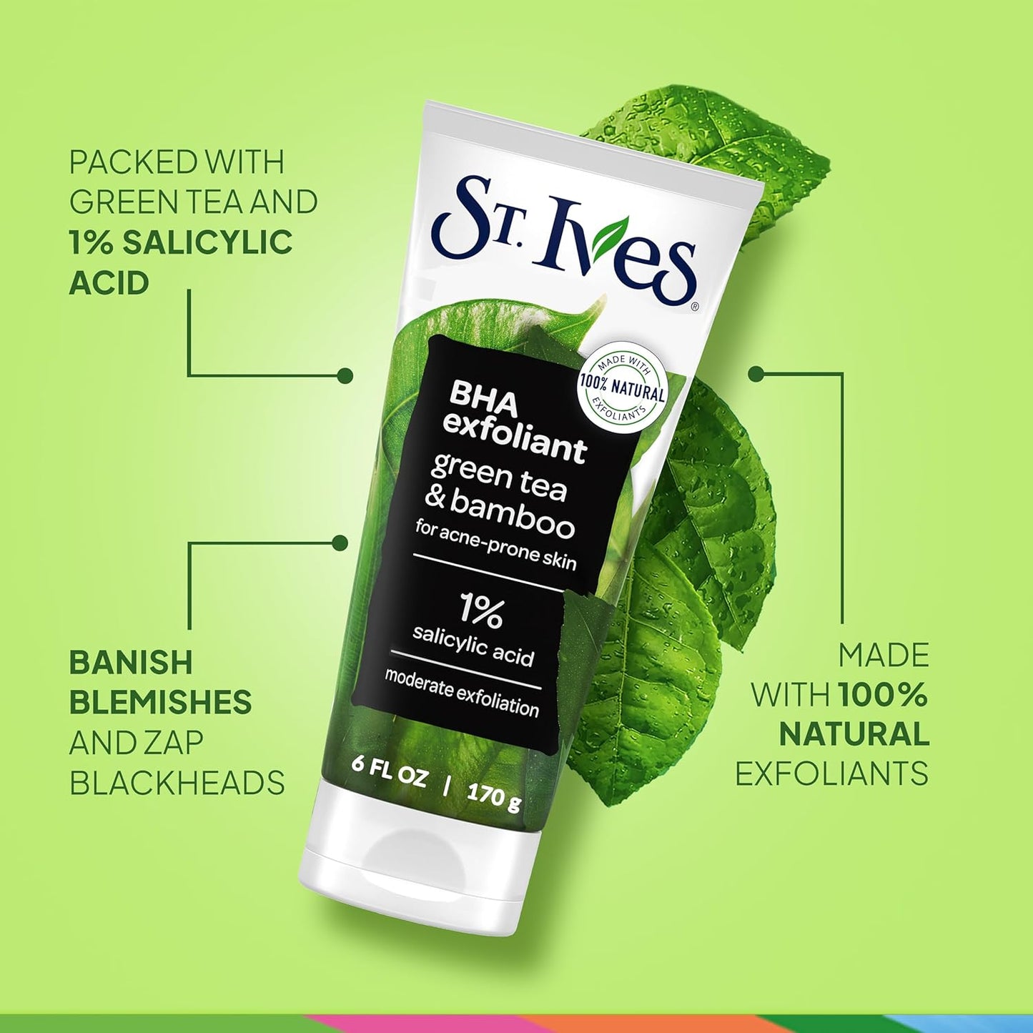 St. Ives Blackhead Clearing Face Scrub, Clears Blackheads & Unclogs Pores, Green Tea & Bamboo, Salicylic Acid Acne Treatment Facial Scrub, Moderate Exfoliator Skin Care with Natural Exfoliants 6 oz