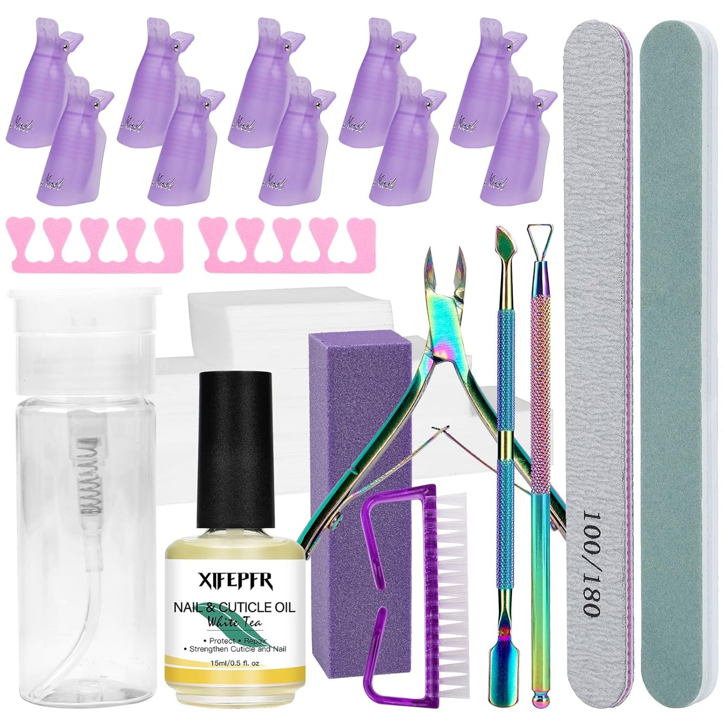 Gel Nail Polish Remover Tools Kit, 521Pcs Gel Polish Remover Kit with Nail Clips, Nail Wipes, 100ml Pump Bottle, Cuticle Oil, Cuticle Trimmer, Nail File Block, Nail Brush, Gifts for Women