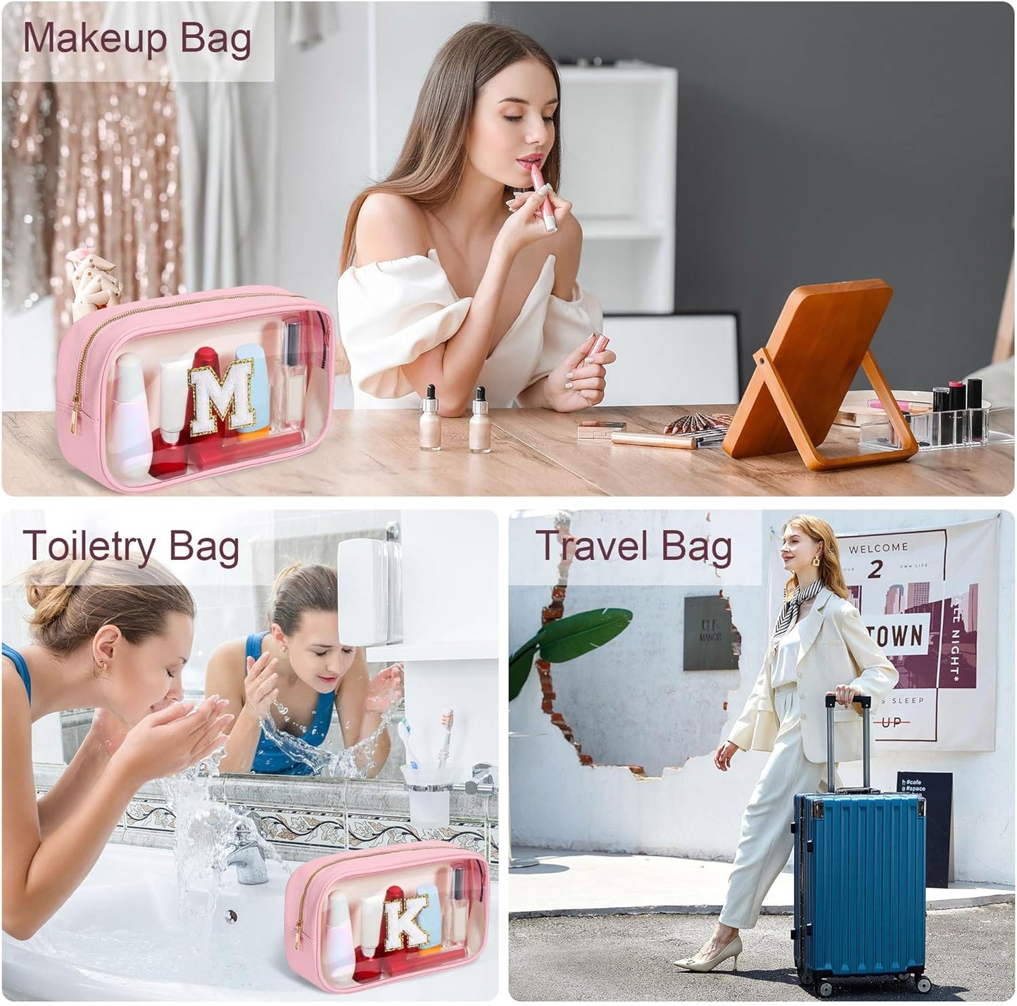 YOOLIFE Travel Clear Makeup Bag Toiletry Bag, Make up Bag Waterproof Toiletry Bags for Women Cosmetic Bag Preppy Stuff Birthday Gifts for Women Personalized Pink Mother Girlfriend Wife Gifts Letter O