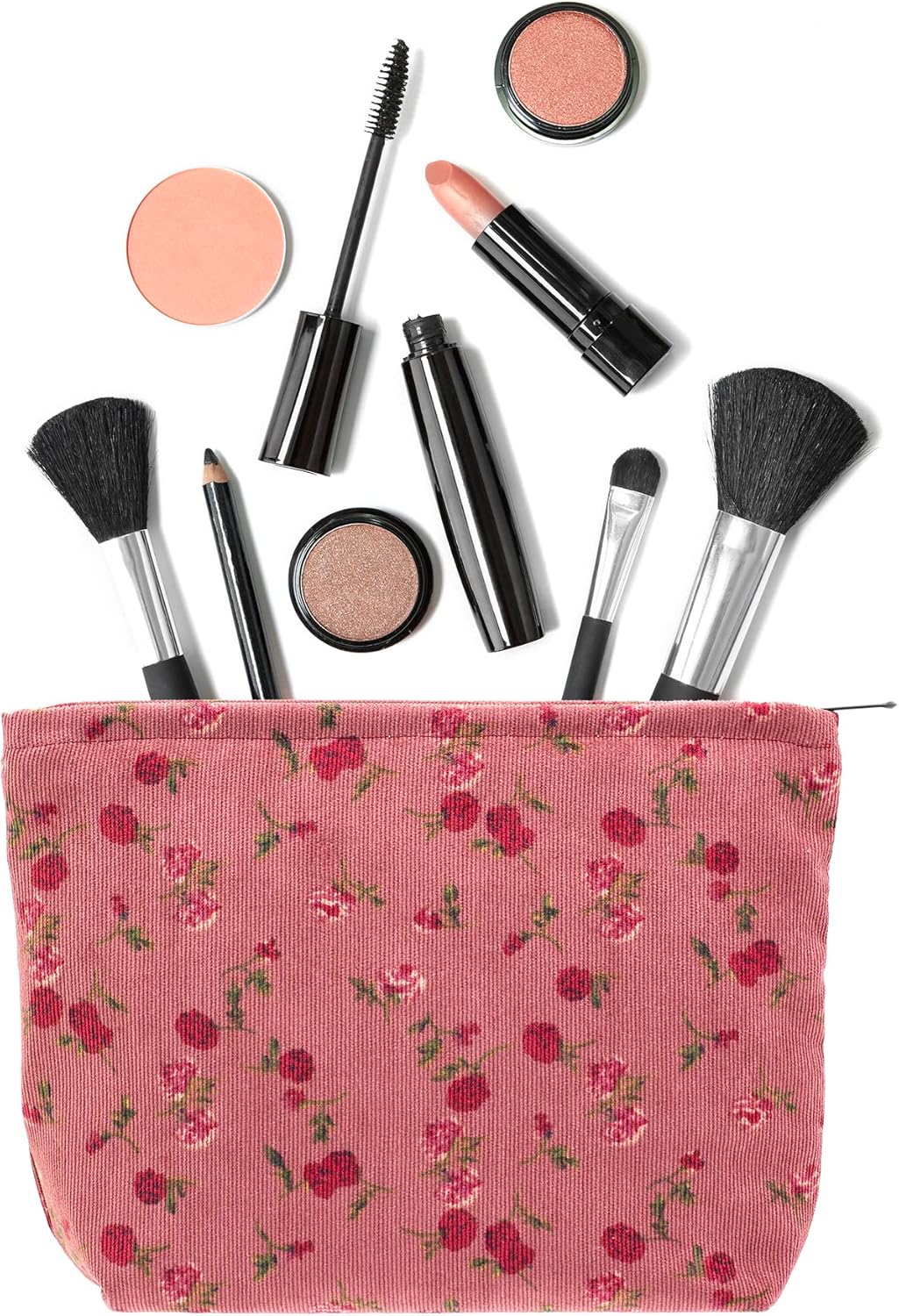 PAZIMIIK Makeup Bag Large Zipper Corduroy Make Up Pouch for Purse Travel Canvas Cosmetic Organizer for Women Brush Storage,Vintage Rose Red