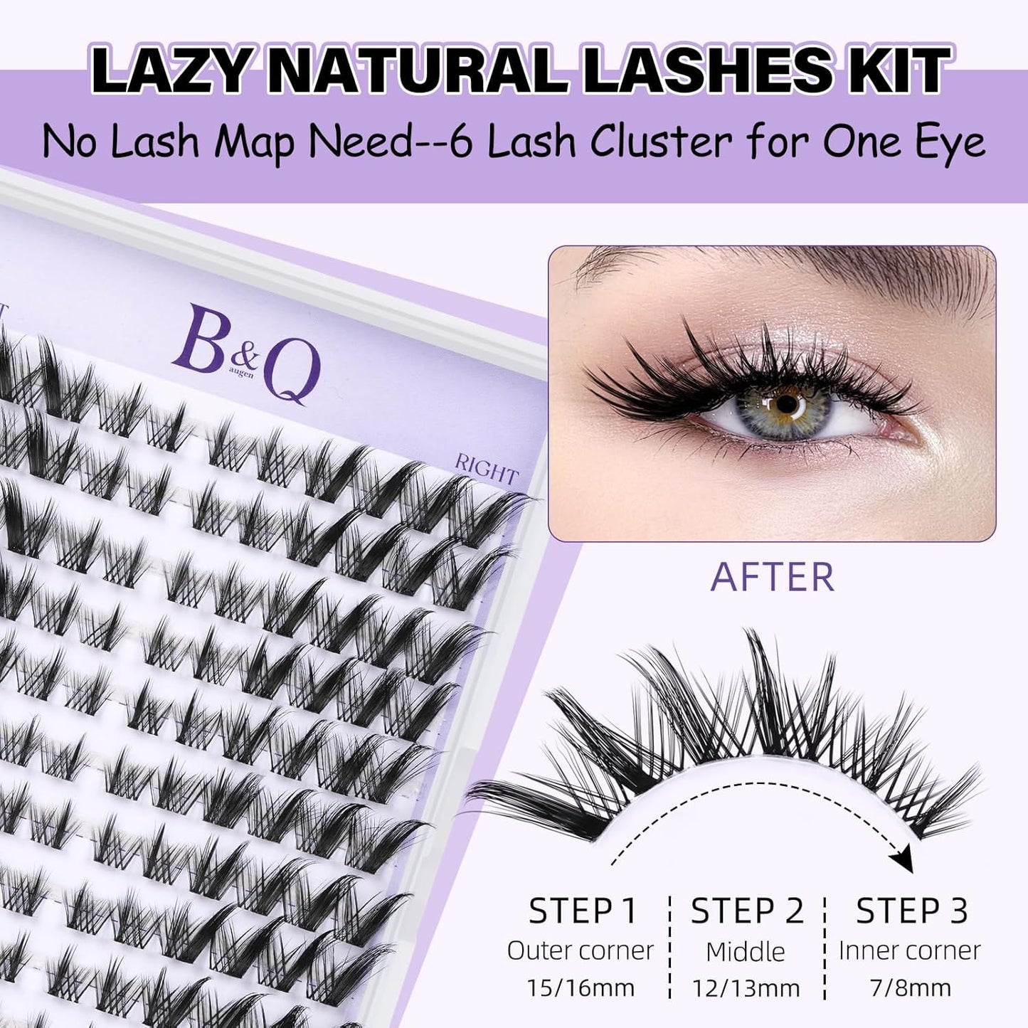 B&Qaugen Lash Clusters Kit Foxy Lash Extension Kit No Lash Map Natural Lash Clusters with Invisible Band 7-16 Eyelash Extension Kit C Curl Lash Kit with Lash Bond and Seal（foxy）
