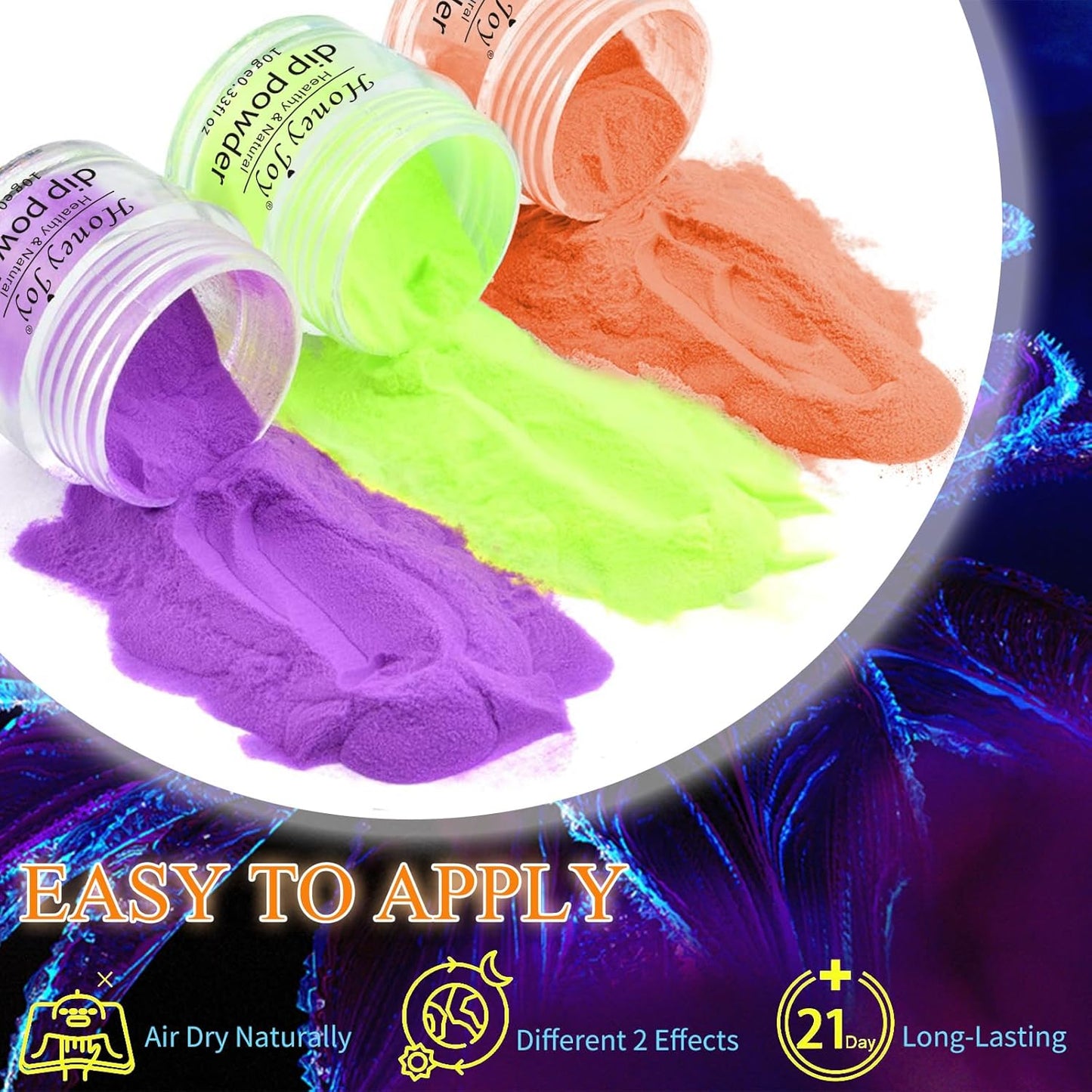 Honey Joy Dip Powder Nail Kit Starter, 4 Colors Glow in Dark Neon Dipping Powder Liquid Set for Halloween Xmas Club Black Light Fluorescent Birthday Masquerade Party Supplies, Dip-7pcs-No.19
