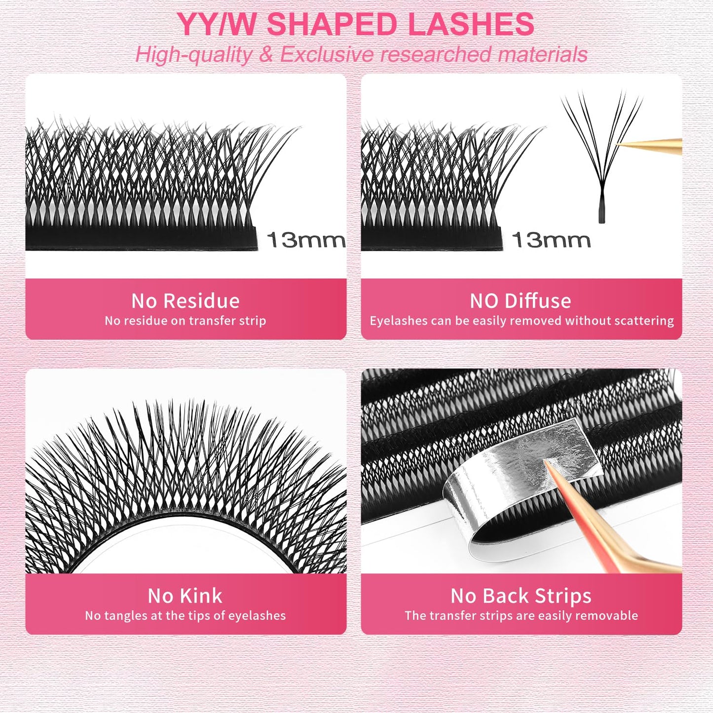 Lash Extensions Double Tips 4D Eyelash Extensions W Shape 0.07mm Thickness C Curl 9mm Premade Fans Easy Fan Volume Lashes Matte Black Crisscross(W-4D-Double Tips-0.07-C,9mm)