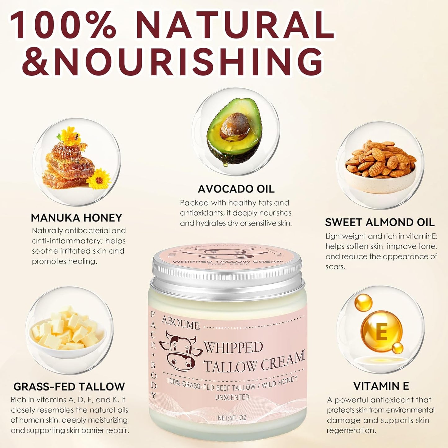 Beef Tallow for Skin, 100% Grass-Fed Whipped Beef Tallow and Honey Balm with Wild Honey & Beeswax, Face & Body Moisturizer Cream for Sensitive Skin 4 FL.OZ