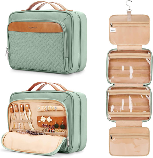 Travel Hanging Toiletry Bag for Women, Cruise Ship Essentials, with Jewelry Organizer, Extra Large Makeup Dopp Kit, Waterproof Cosmetic Bags, Toiletries Kit Set with Trolley Belt, Green