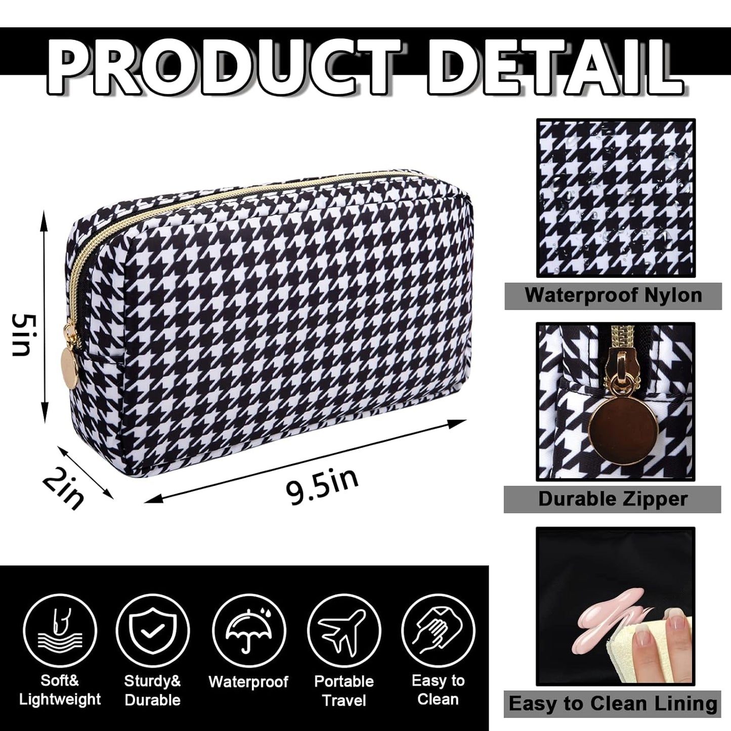 Small Makeup Bag Pouch for Purse，Nylon Travel Toiletry Storage Bag Cute Houndstooth Cosmetic Bag for Women Girls，Waterproof Makeup Organizer Bag Pouch Skincare Bag with Zipper (Small-Houndstooth)