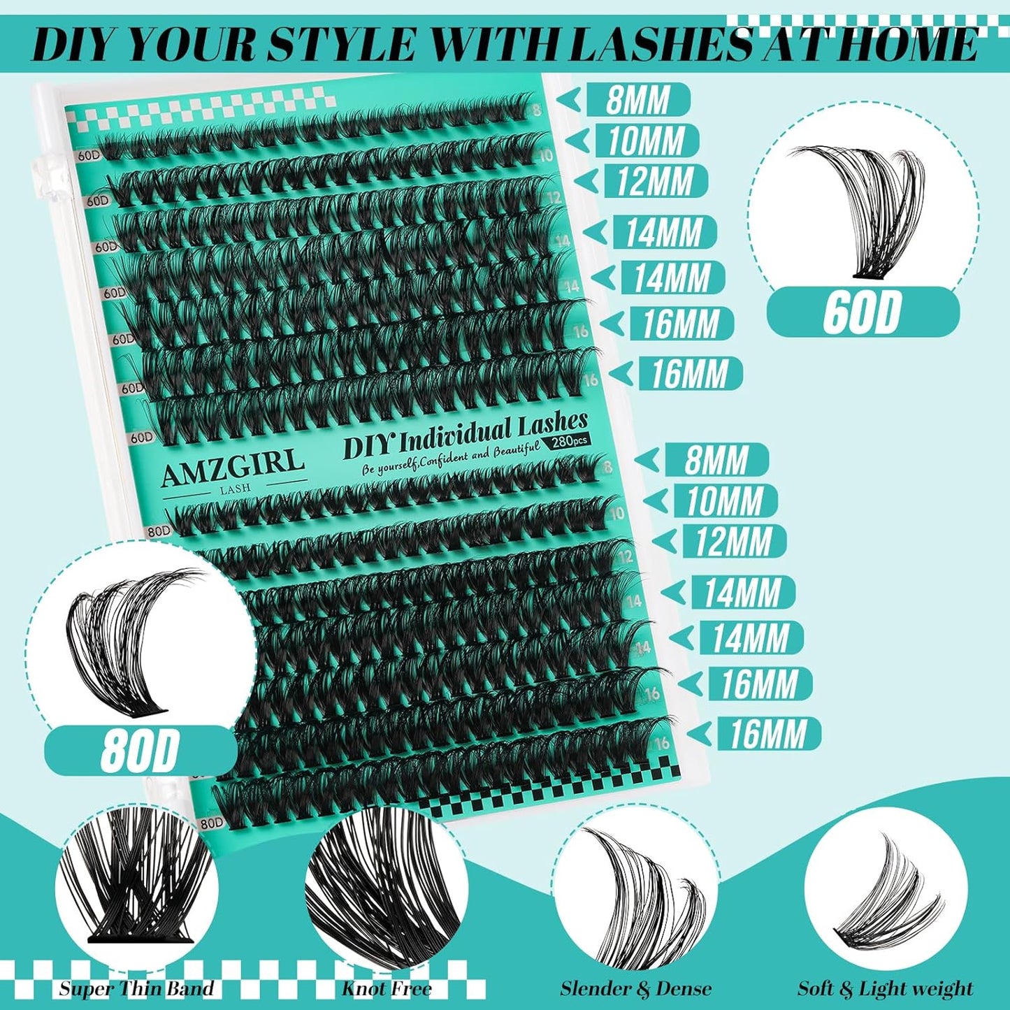 Lash Clusters Kit 280Pcs,60D 80D Eyelash Extension Kit,Lash Bond and Seal Waterproof,Lash Remover for Individual Cluster Lashes Kit,Lash Applicator Tool for DIY Lash Extension Kit(D-Mix9-16mm Kit)