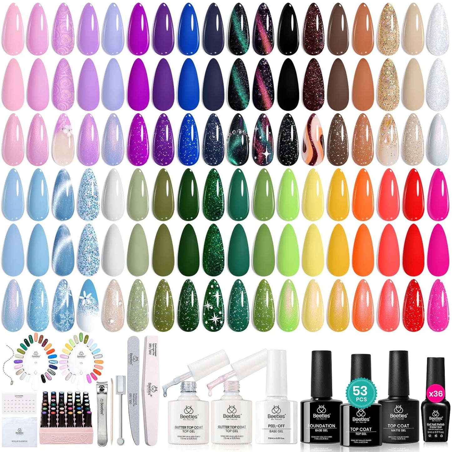 Beetles Gel Polish Kit 53pcs, 36 Colors Nail Kit Pink Purple Cat Eye Gel Polish Kit With 4pcs Base and Glossy Matte Glitter Top Coat Fall Halloween Travel Diary Manicure Gift for Women