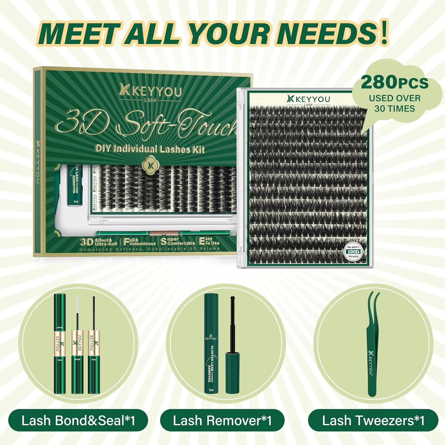 Clusters Kit 3D Effect Eyelash Clusters Kit 280pcs 100D D Curl 9-18MIX Individual Lashes Wispy Lashes Volume Cluster Lashes Kit Natural Soft DIY Lash Extension(3D Kit-100D-D-9-18MIX)