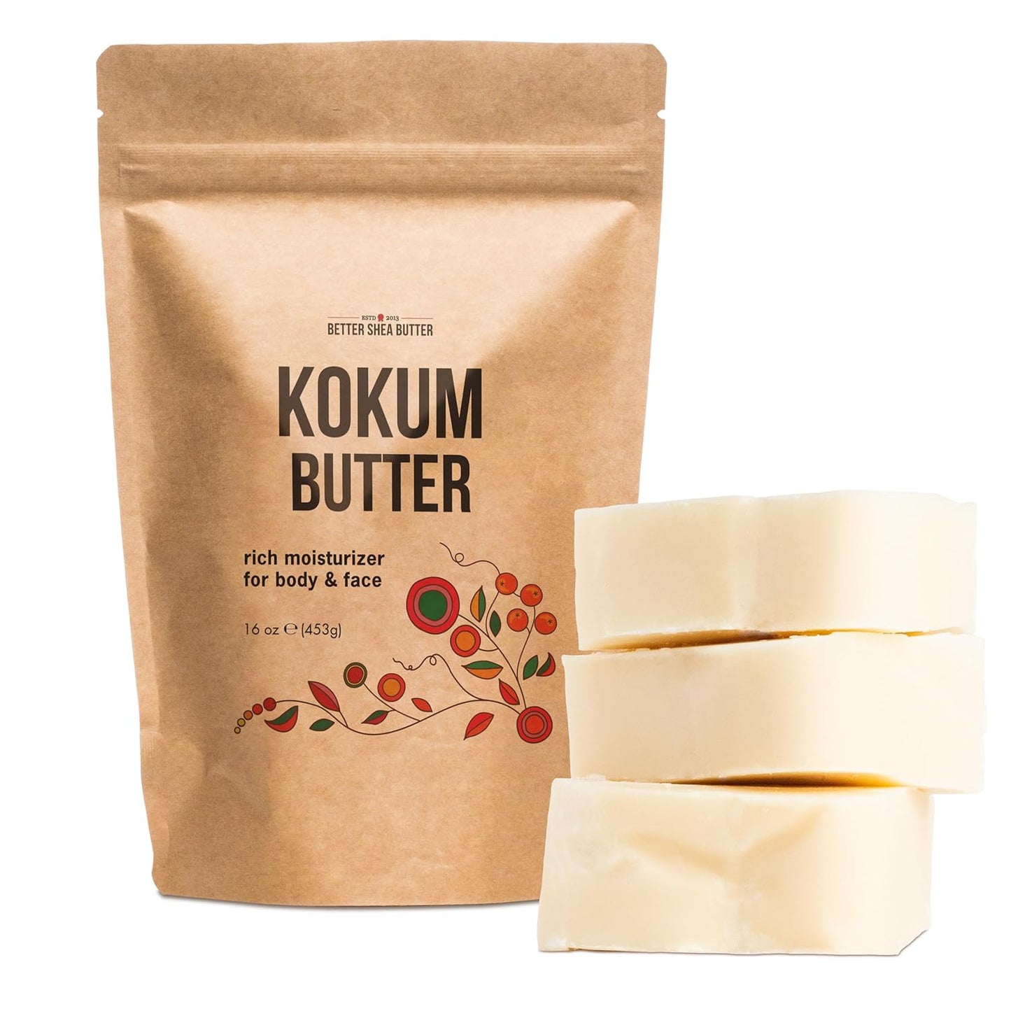 Raw Kokum Butter Unrefined - Body Butter Bar for Soap Making and DIY Lotion, Skin and Hair Products - Pure, Unscented Moisturizer for Skin - Kokum Butter 1 lb Block