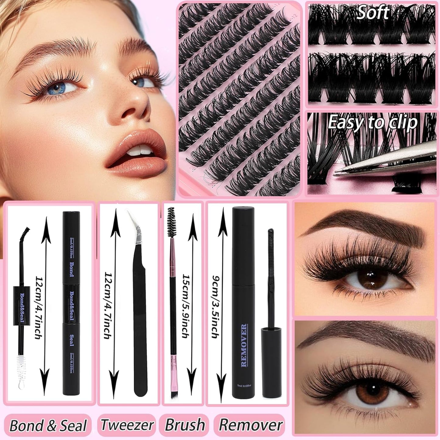 Lash Clusters Kit, Eyelash Clusters Individual Lash Extension Kit 480 Pcs D Curl Fluffy Wispy False Eyelashes Extensions Thin Band with Bond Seal Tweezers Brush Remover (50D+60D Kit 9-16mm)
