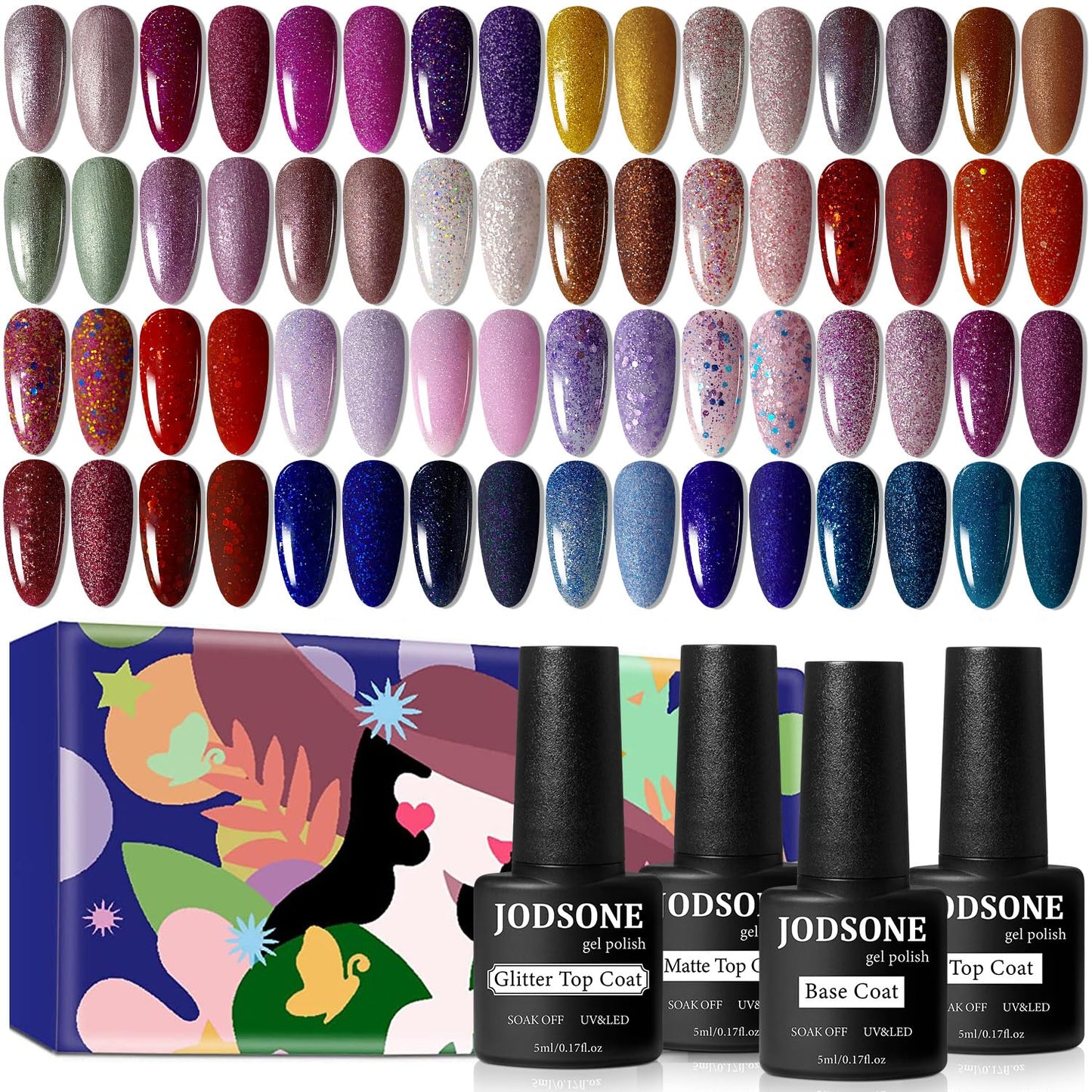 JODSONE Gel Nail Polish Shiny High Gloss Surface Strengthening Glitter Minimalistic Artistic Creation Starter Set 36 Pieces