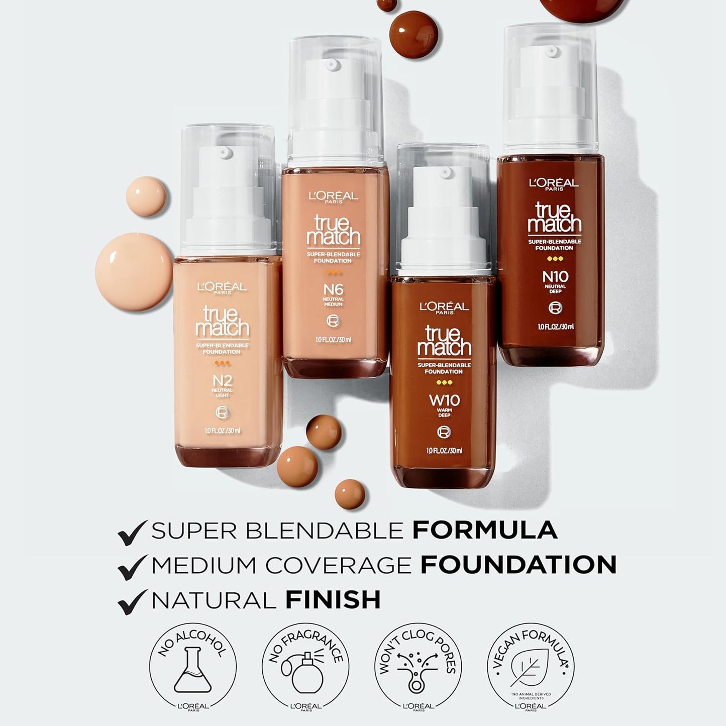 L'Oreal Paris True Match Super-Blendable Foundation, Medium Coverage Liquid Foundation Makeup, W5, Medium, 1 Fl Oz