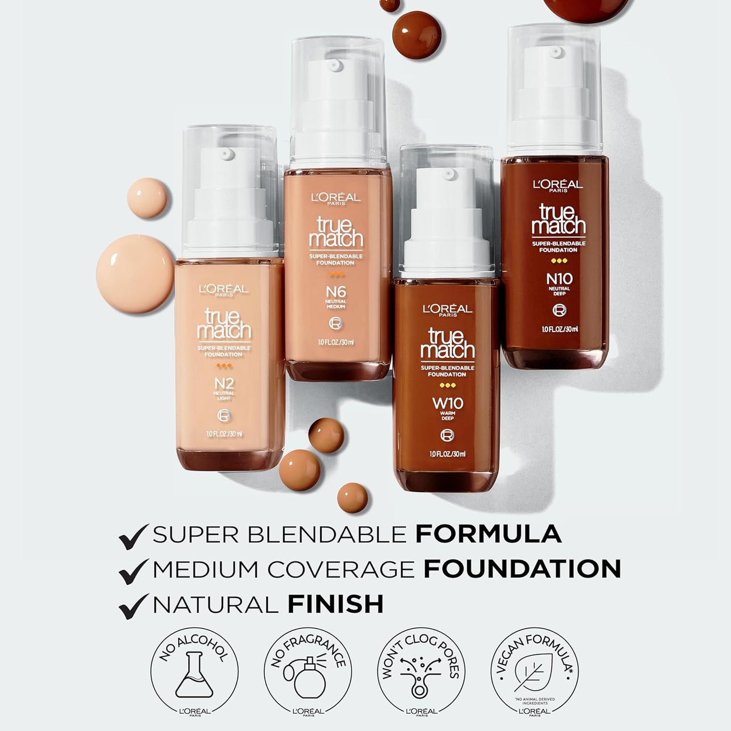 L'Oreal Paris True Match Super-Blendable Foundation, Medium Coverage Liquid Foundation Makeup, C10, Deep, 1 Fl Oz