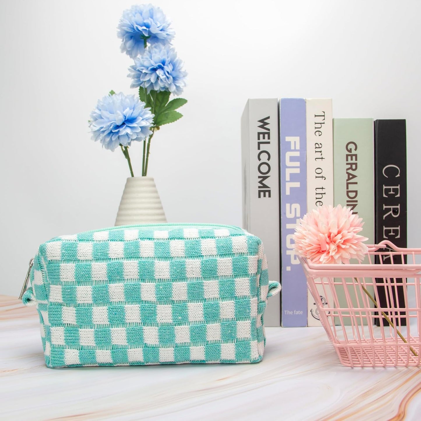 PAZIMIIK Checkered Makeup Bag for Purse Portable Zipper Make Up Pouch Small Cosmetic Case for Travel Accessories (6PCS Arctic Blue)