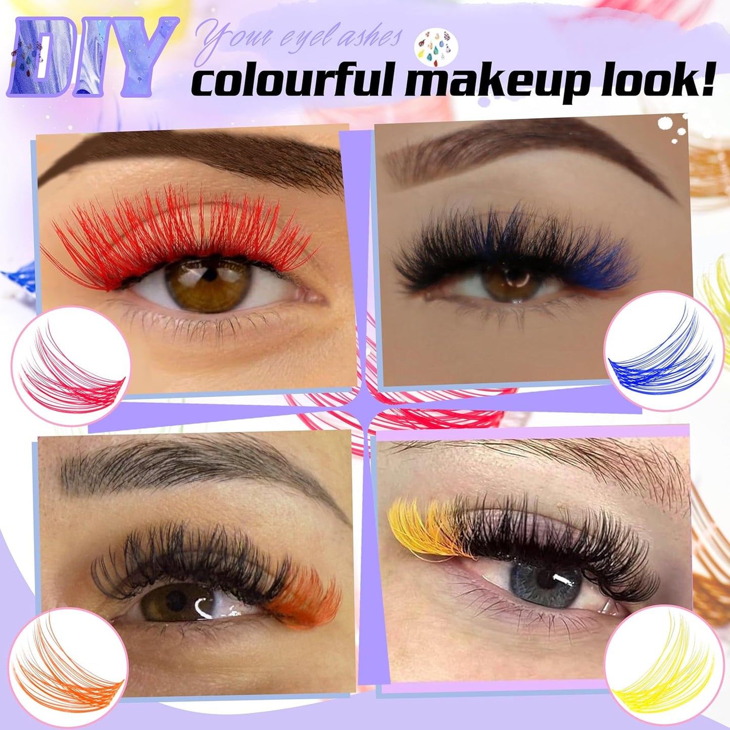 Colored Lash Clusters with Bottom Lashes D Curl 10-18mm Mixed 4 Colors Rainbow DIY Eyelash Extension Colorful Cluster Lashes Pack for Festival Christmas New Year and Cosplay by Yaiseiko