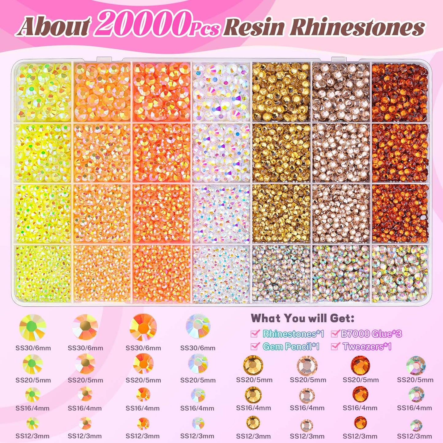 20000Pcs Yellow Rhinestones for Bedazzling with 3Pcs B7000 Jewelry Glue, Resin Rhinestones for Crafting Crafts，Bedazzler Kit Flatback Gems for Clothing Shoes Tumblers Nail Art