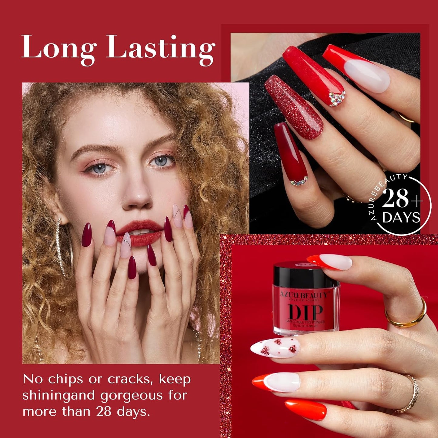 AZUREBEAUTY Dip Powder Nail Kit,4 Colors Red Burgundy Berry Dipping Powder System Liquid Set Recycling Tray with Base & Top Coat Activator for French Nail Art Manicure Salon DIY