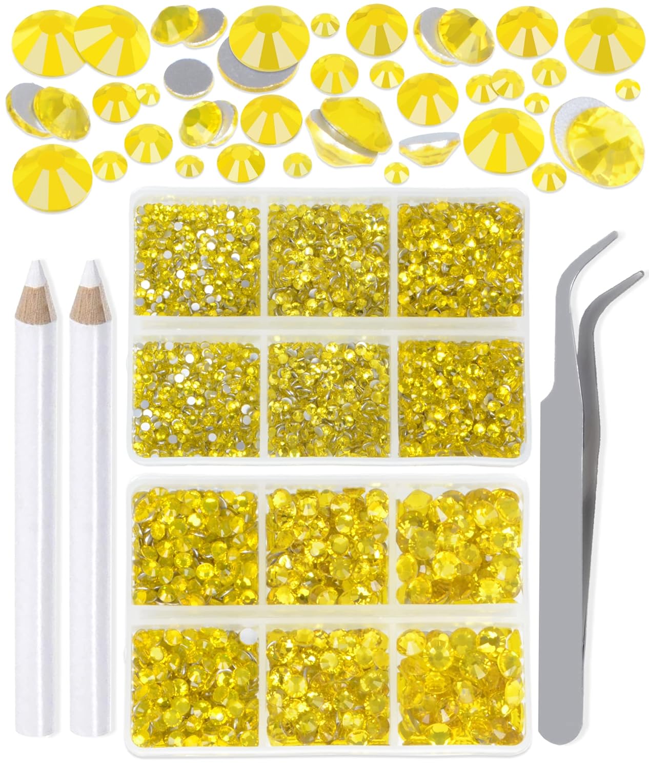 LPBeads 6000 Pieces Citrine Non Hotfix Rhinestones 6 Sizes Round Crystal Glass Flat Back Rhinestones with Tweezers and Picking Pen for Nail Art Crafts Clothes Bags DIY
