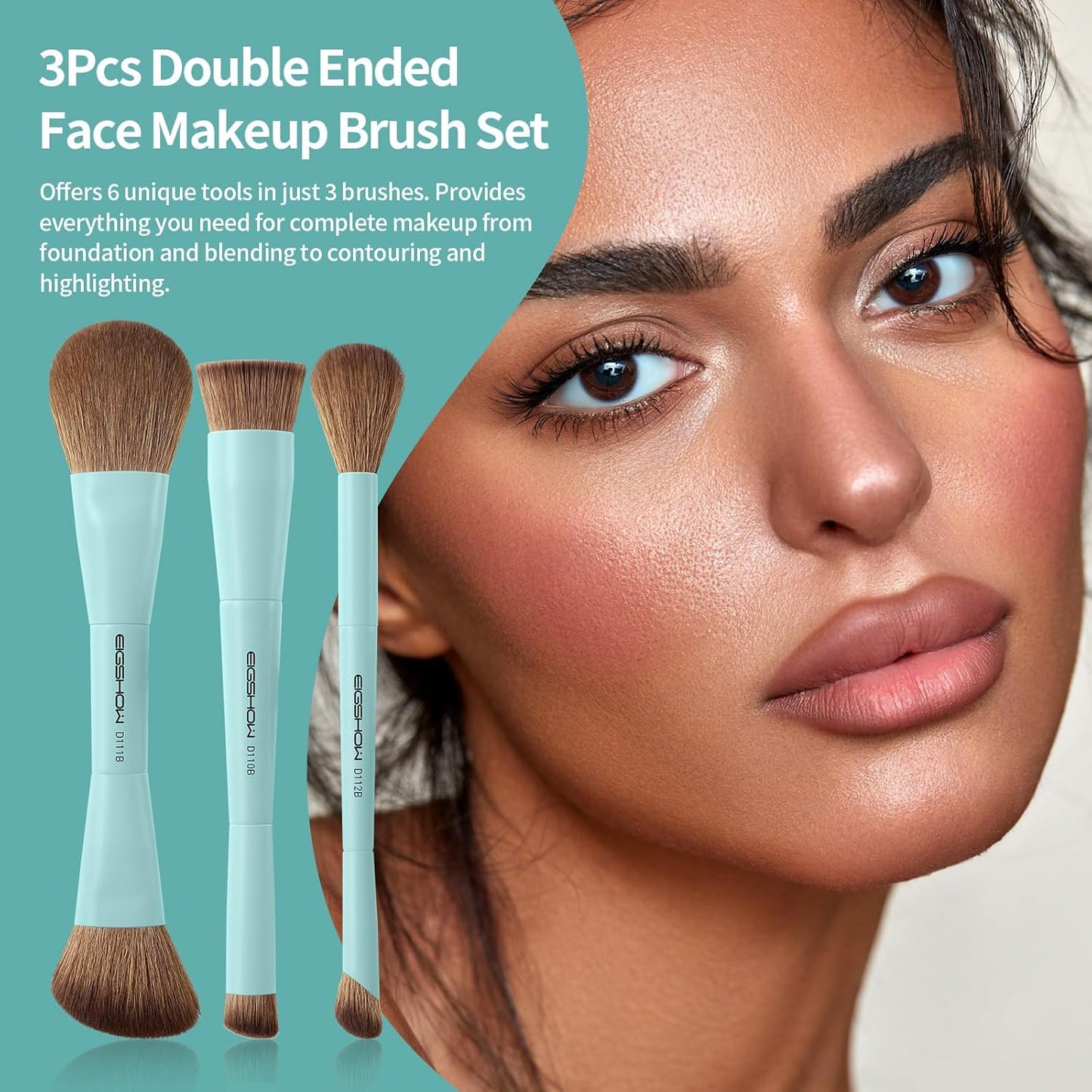 EIGSHOW Makeup Brush Set, 3Pcs Dual Ended Face Makeup Brushes for Foundation Powder Contour Highlight Concealer Nose Shadow, Travel Gift Set (Cyan)