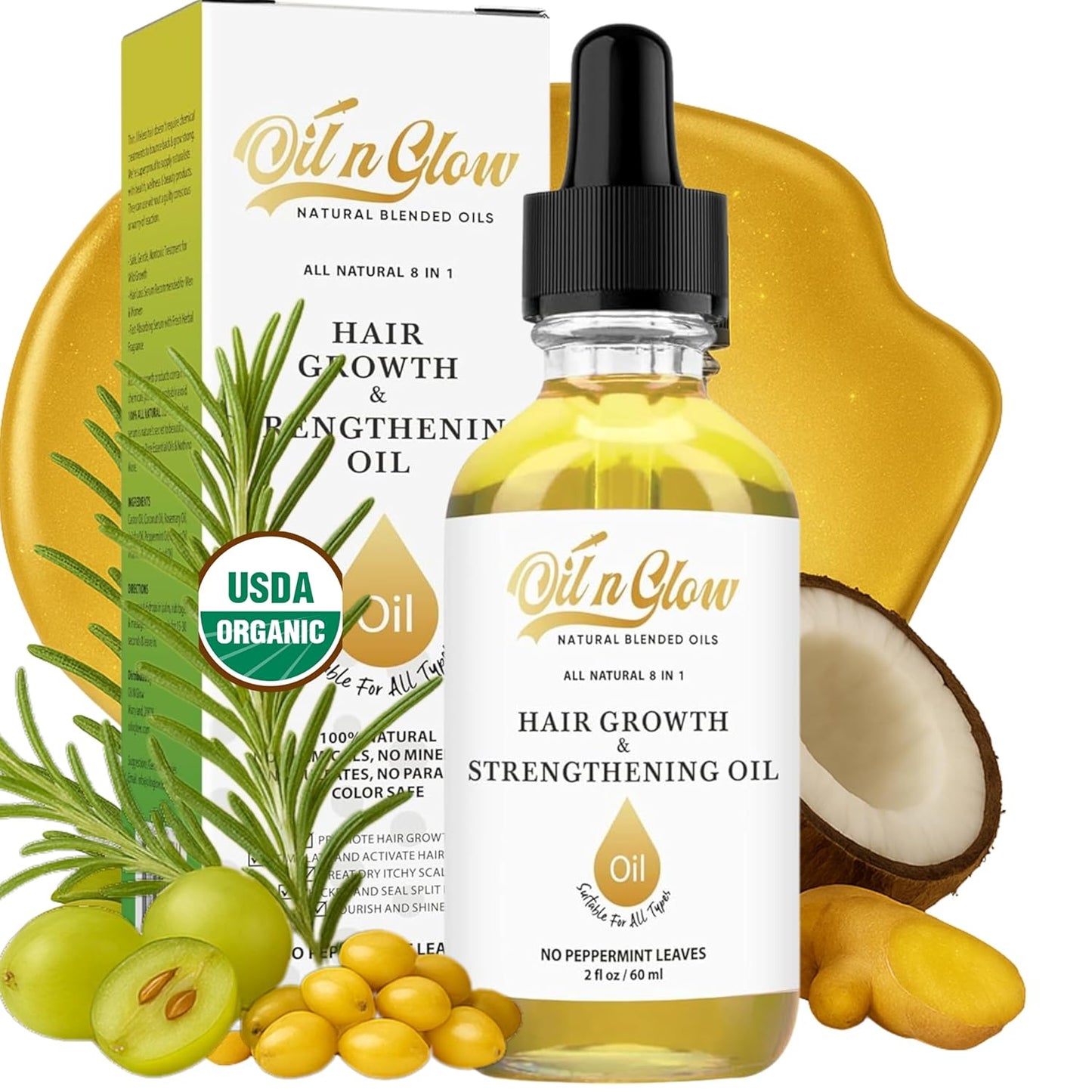 USDA Certified Organic 8 in 1 Natural Hair Growth Serum & Strengthening Oil with Rosemary, Castor, 100% Vegan Jojoba, Coconut, Grape Seed, Ginger & Scalp DHT Blocker Oil -2 FL