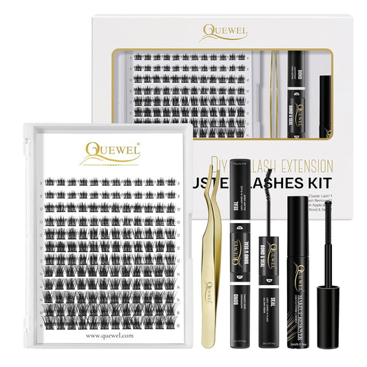 QUEWEL Lash-Clusters-Kit 144 Pcs DIY Lash Extension Kit, Eyelash Clusters Applicator Tool, Super Hold Cluster Lashes Bond and Seal, Clusters Lash Glue Remover Easy to Use at Home