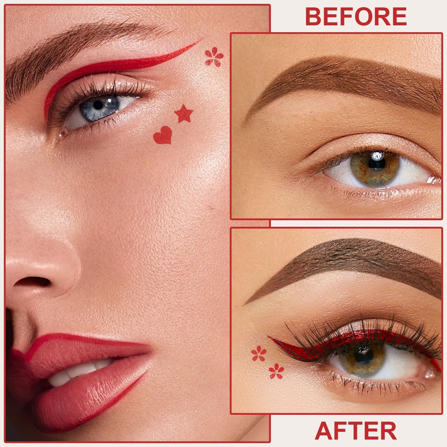 4PCS Red Eyeliner Pen Set, Eyeliner Stamp, Double-headed Red Liquid Eye liner Pencil for Women Eye&Lip Liner Professional Waterproof Halloween Makeup, Star,Triangle,Flower,Heart