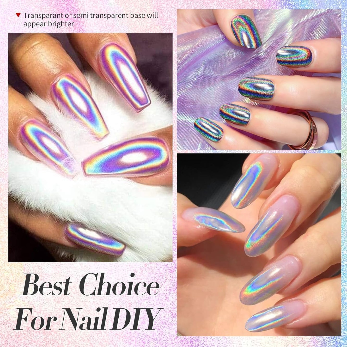 Magic Chrome Nail Powder: Iridescent Mirror Holographic Nail Powder,Metallic Pearl Effect Laser Chrome Nail Powde r for Salon Home Nai l Art DIY Design