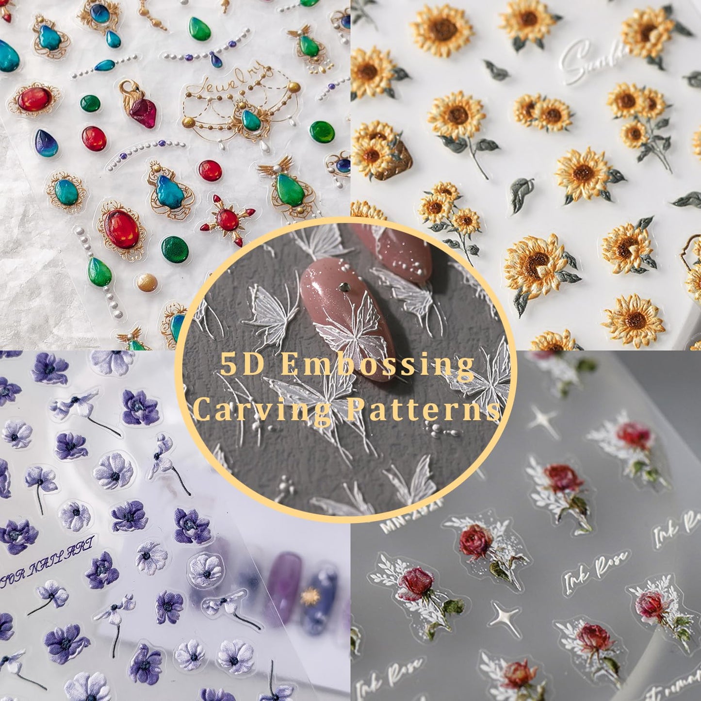 Flower Nail Stickers 5D Embossed Nail Art Stickers Decals Self-Adhesive Pink Tulips Floral Nail Supplies Spring Nail Art Design Decoration Accessories