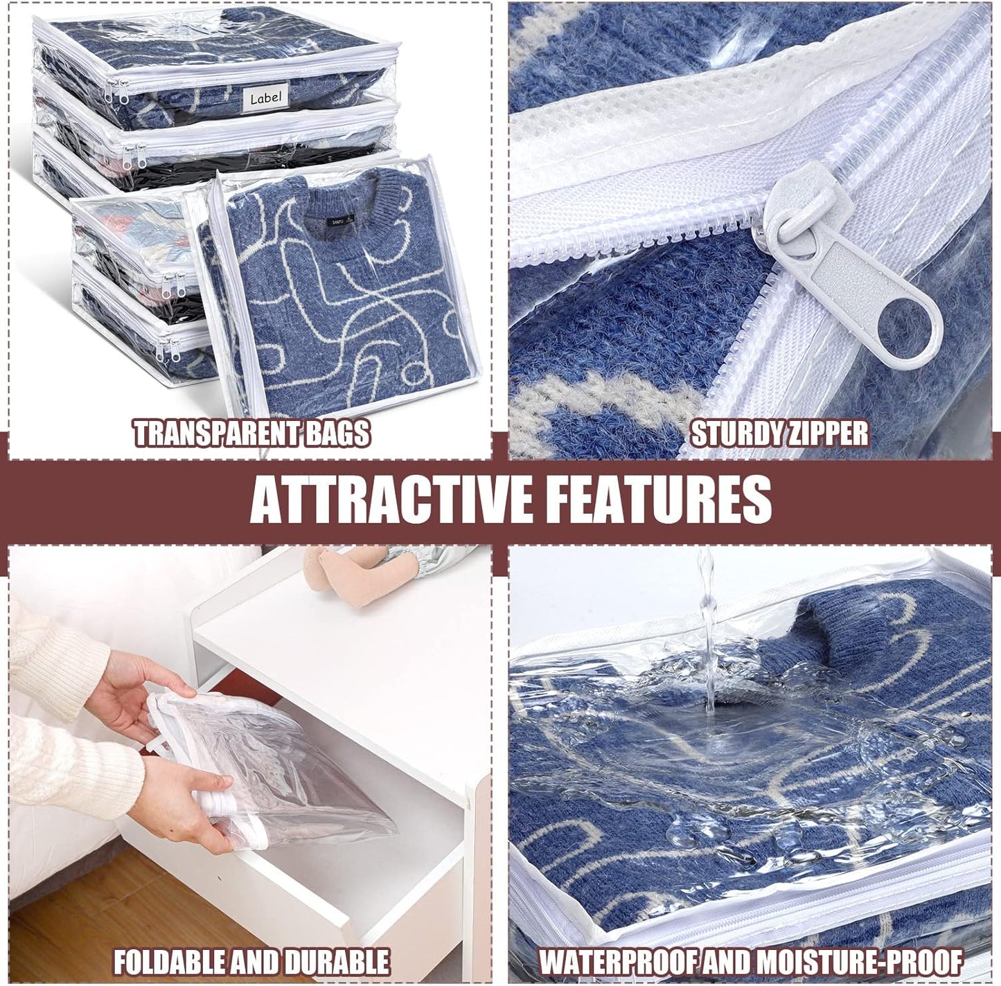 Hoolerry 6 Pieces Sweater Storage Bags Plastic Clear PVC Clothes Storage Bags with Zipper and Label for Blankets Clothes Closet Quilt Pillow Bed Sheet Organizer(14.2 x 12 x 3.2 Inch)