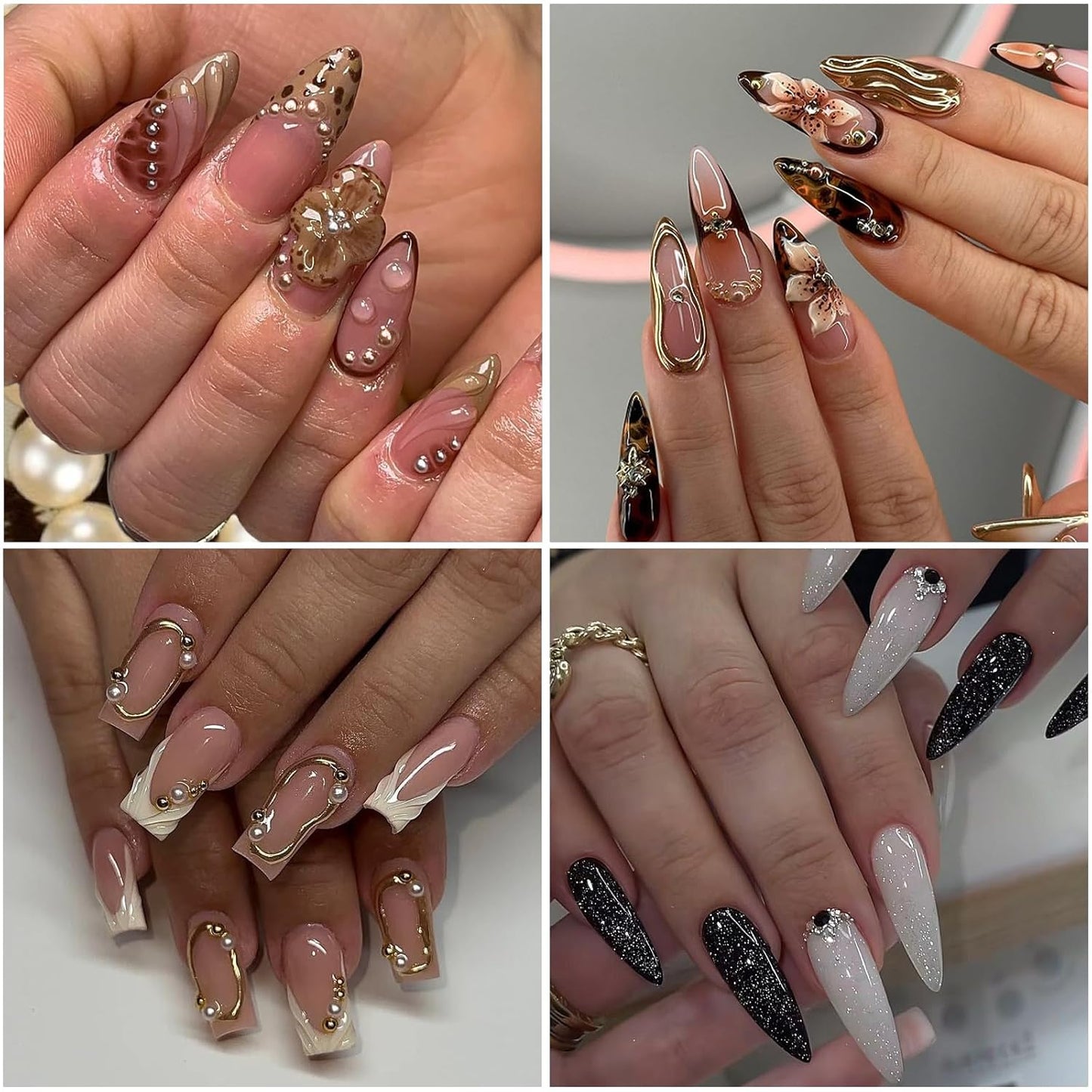 Nail Art Pearls with Glue Gel Flatback Brown Black 4 Colors Nail Charms Pearls Mixed Size 0.03-0.18in Nails Gems Pearl Accessories for Women Nails Design Decoration