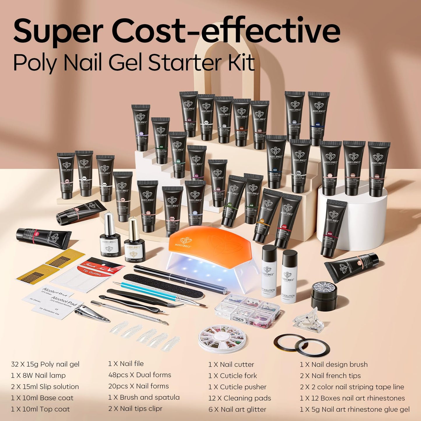 Modelones 133pcs Poly Nail Gel Kit, 32 Colors Earthy Tones Complete Extension Gel Nail Kit with 8W Lamp Slip Solution Builder Tools for Starter DIY Salon Use