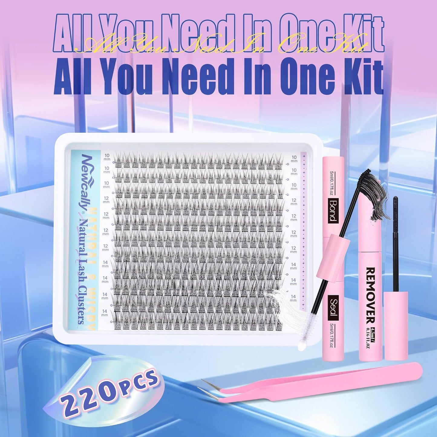 Natural Lash Extension Kit Cluster Lashes Kit Cluster Eyelash Extension Kit 220Pcs C-curly DIY Eyelash Extension Kit Short 10-14MM Individual Lashes Kit with Lash Remover by Newcally