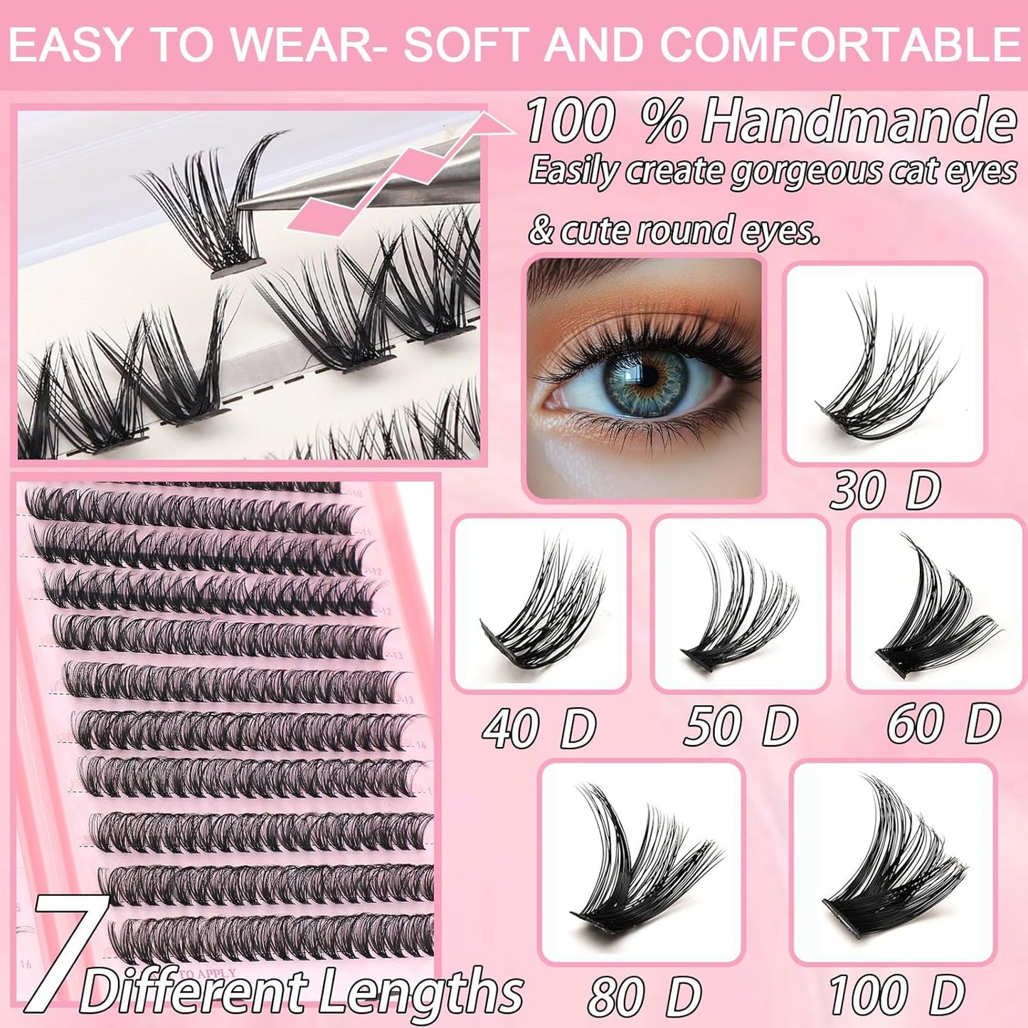 640 Pcs D Lash Clusters, Eyelash Clusters Individual Lash Extension Curl Fluffy Wispy False Eyelashes Extensions (Lash Clusters, 80D+100D 9-16mm)