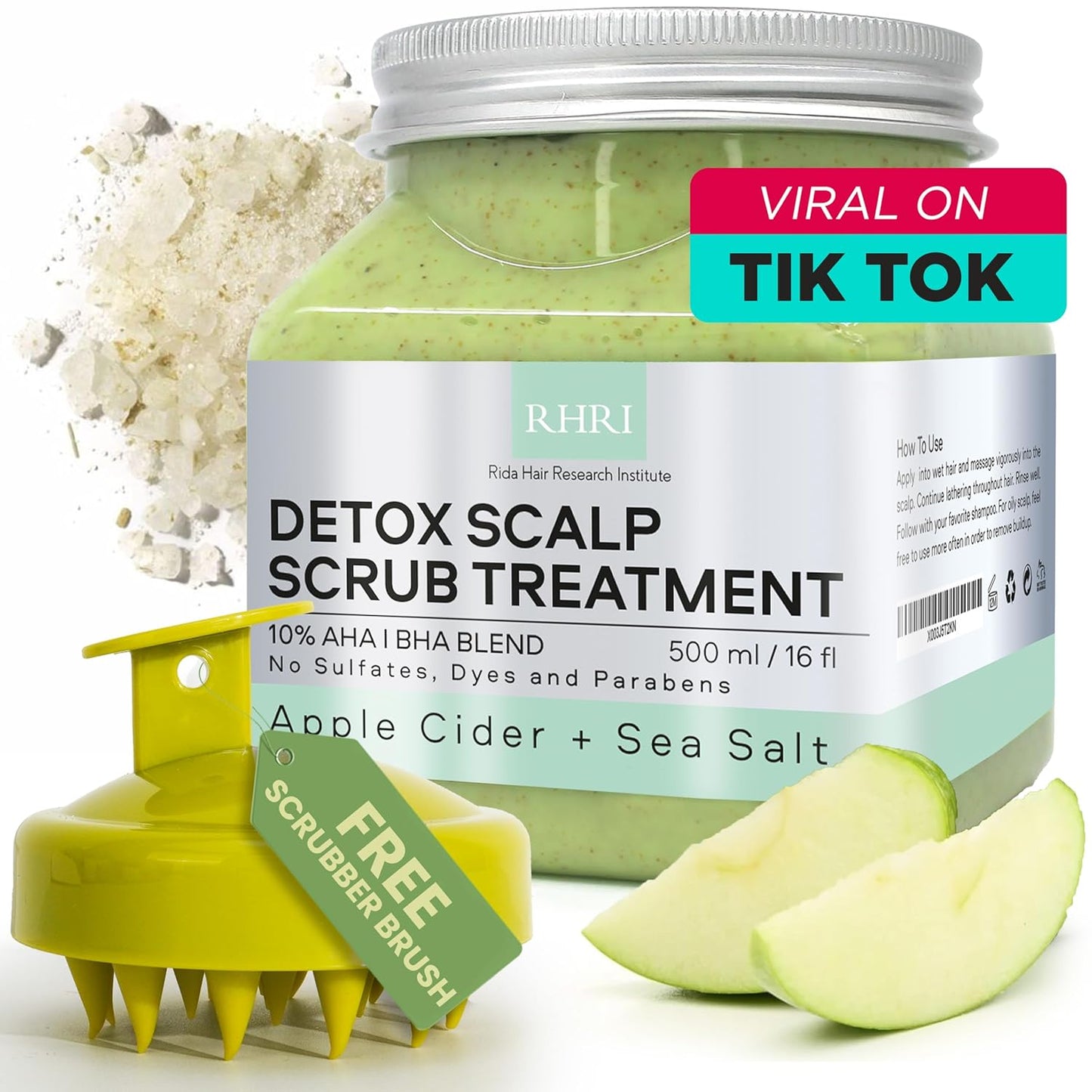 Apple Cider & Sea Salt Green Scalp Scrub Sulfate-Free | 10% AHA & BHA | Exfoliating Hair & Scalp Treatment for Detox, Dandruff & Build-Up | Scalp Exfoliator Hair Scalp Scrub | Refreshing ( 16 Fl Oz )