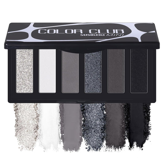 Black Eyeshadow Palette with Mirror Silver Gray Black Tones Matte Shimmer Smokey 6 Colors Mini Eye Shadow Pallet Travel Size Highly Pigmented for Vampire Clown Joker Goth Halloween Makeup